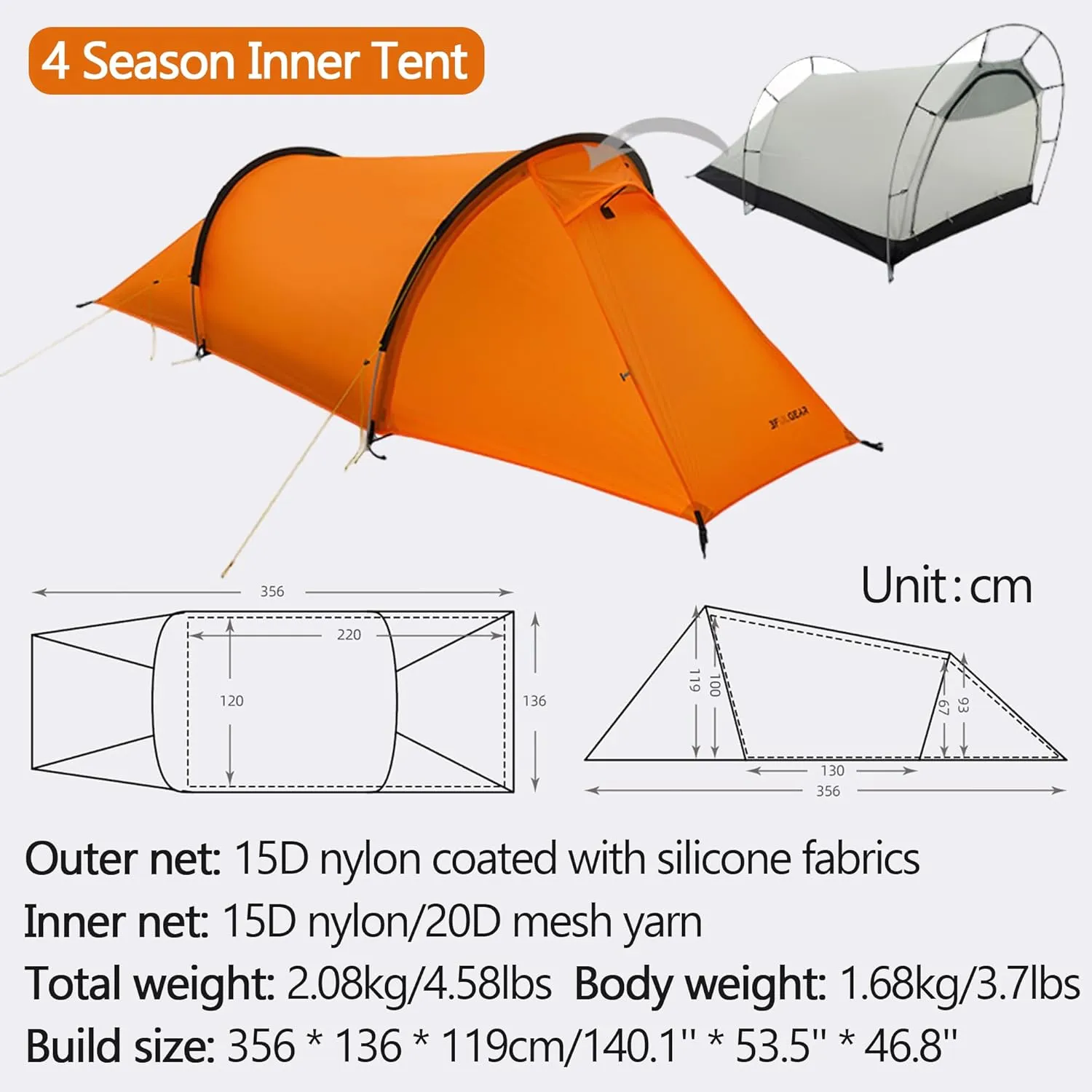 3F UL Gear 1/2 Person Ultralight Camping Tent- Windproof Category 7~8 - Rainproof Groundsheet(PU8000mm )- 3/4 Season Tent with Expanded Foyer for Outdoor Hiking Mountaineering Travel