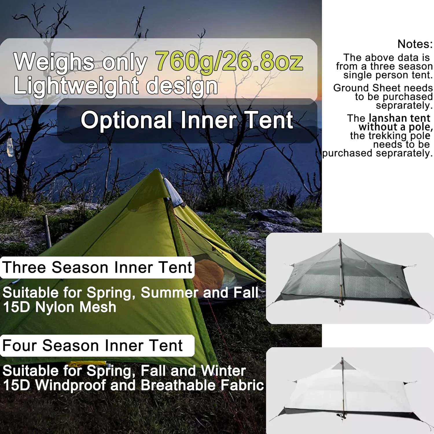 3F UL Gear Lanshan 1/2 Ultralight Backpacking Tent Weighs only 26.8oz 15D Customized Single Silicon Fabric Waterproof 5000 mm 3/4 Season Inner Tent for 1/2 Person