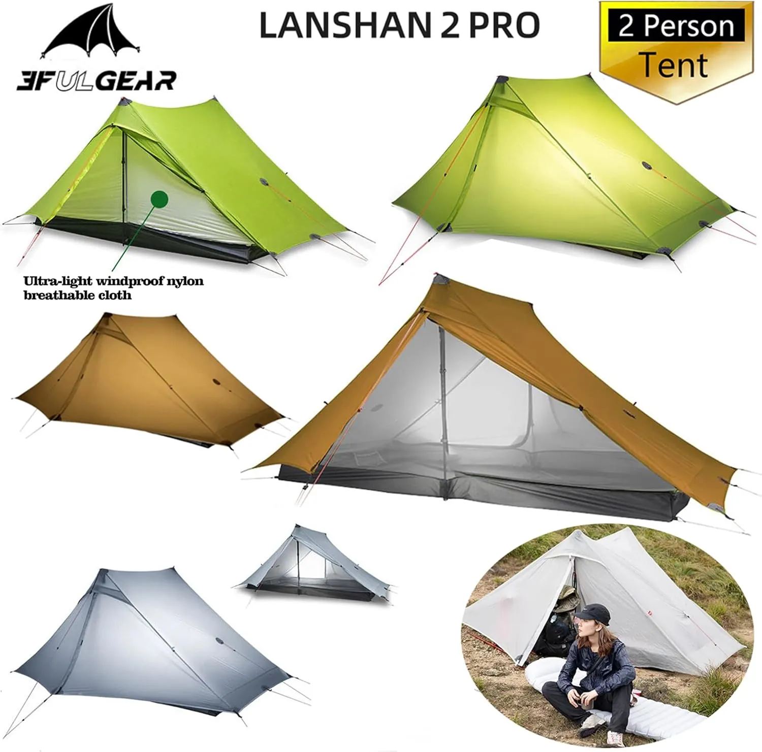 3F UL Gear Lanshan PRO Lanshan Ultralight Tent Ultralight Tent 3-Season Backpacking Tent for 1-Person or 2-Person Camping, Climbing, Hiking, Trekking, Kayaking (for 2 Person, Gray- 3 Season)
