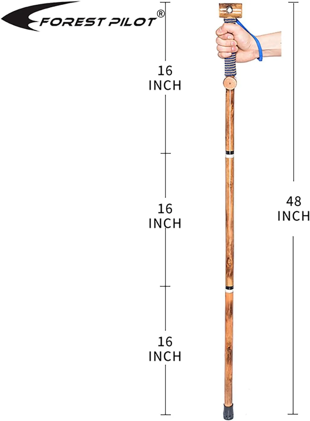 3pc Detachable Hardwood Walking Stick for Hiking with Compass 48 Inches - Soft Hand Strap - Rubber Tip Cover