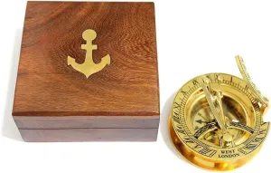 3" inches Vintage Brass Sundial Compass with Teak Wood Box – Vintage Maritime Navigation Navigation Instrument | Rustic Home Decor & Gift Collectible
