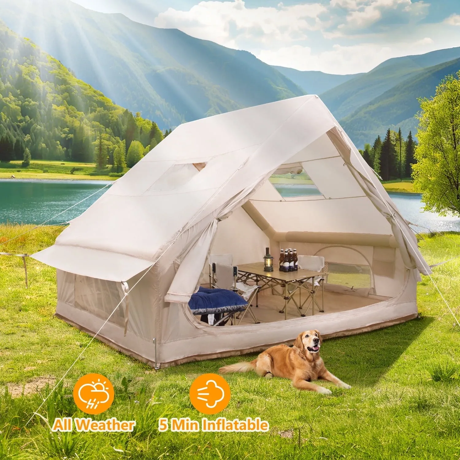 4-6 Person Inflatable Camping Tent, Glamping Blow up Tent with Hand Pump, PU3000 Waterproof & Windproof, Easy Setup Cabin Tent with Mesh Windows, Perfect for Family Camping, Emergency Shelter
