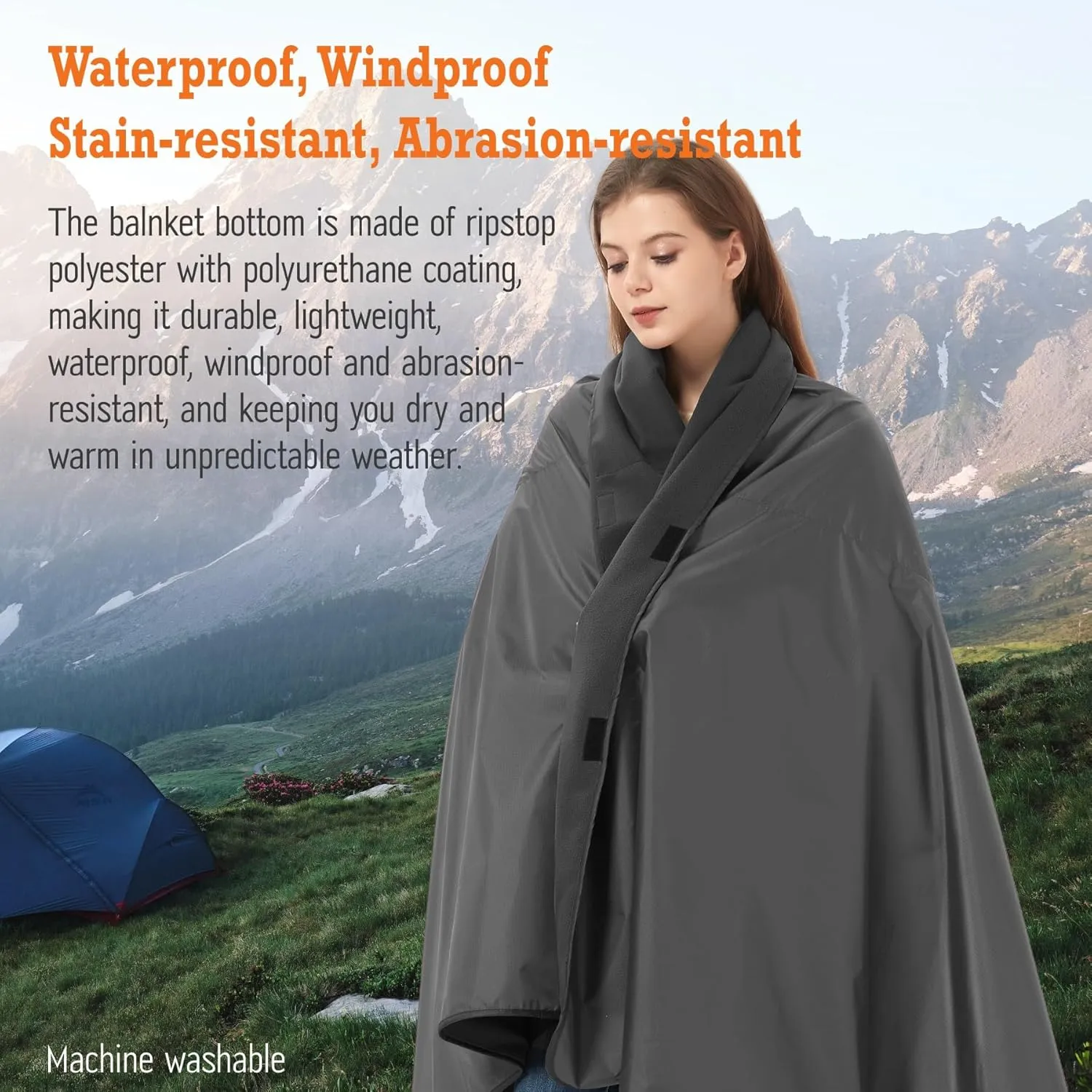 4-in-1 Large Camping Blankets - Waterproof, Windproof Fleece Outdoor Blankets for Stadium, Sports, Car, Concert - 81"x57", Portable (Dark Gray)