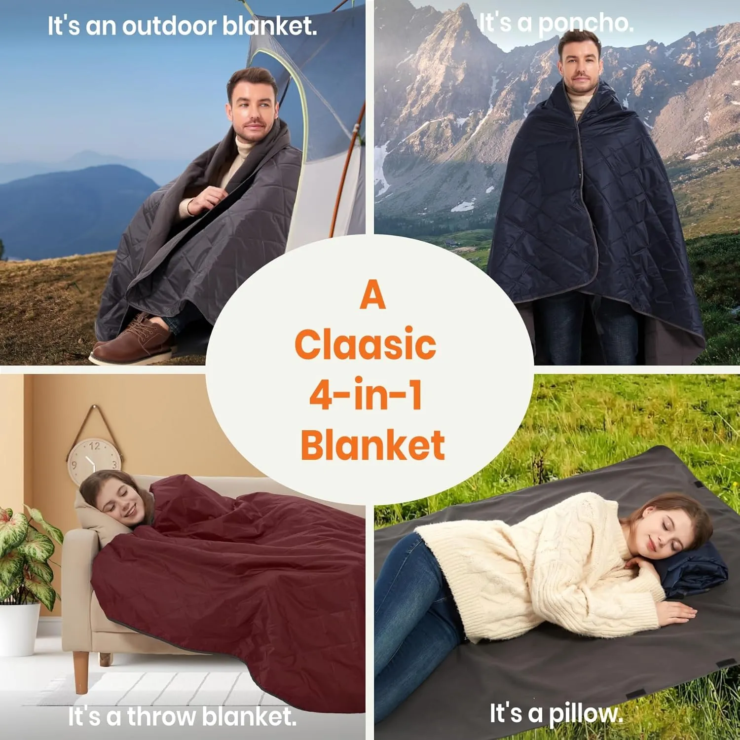 4-in-1 Large Outdoor Blanket - Waterproof & Windproof Thickened Warm Fleece Camping Blanket for Stadium, Hiking, Sporting Events - 81"x57", Packable (Dark Gray)