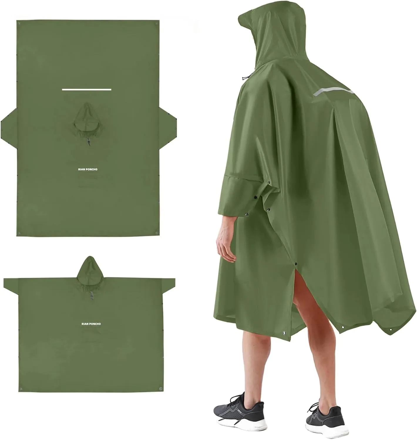 4 in 1 Multifunctional Raincoat Waterproof Rain Coat Cover Mat Tarp Shelter Shade Tent Tarp Awnings Reflective Camping Picnic(Army Green)