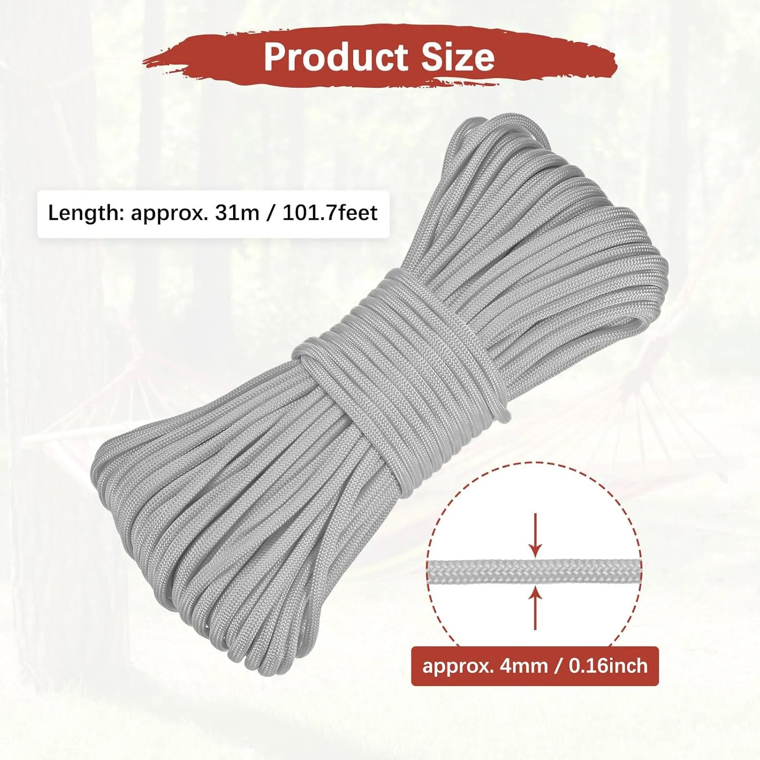 4 mm 102FT Guyline Camping Paracord [1PCS] - Guy Lines Ultralight Thin Cord Rope 7 Strands Paracord 550LB Use for Camping Tents & Tarps & Hiking - [Gray]