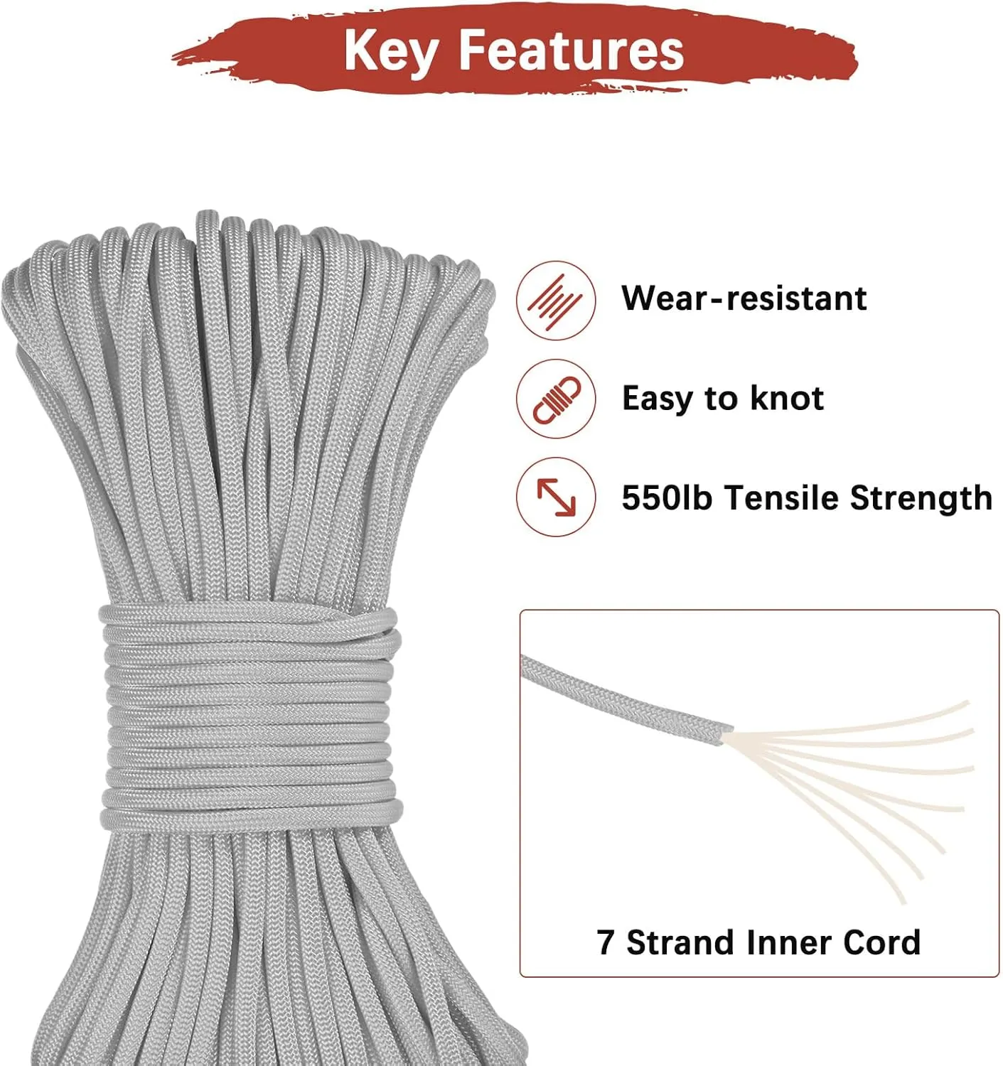 4 mm 102FT Guyline Camping Paracord [1PCS] - Guy Lines Ultralight Thin Cord Rope 7 Strands Paracord 550LB Use for Camping Tents & Tarps & Hiking - [Gray]