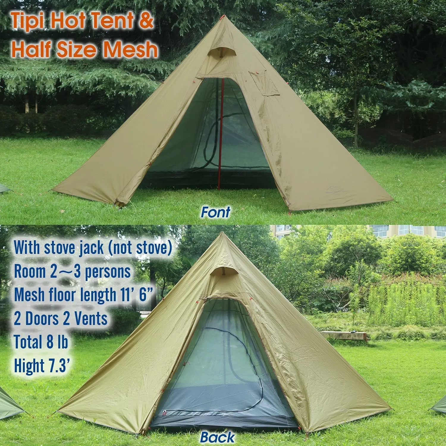 4 Persons 5lb Lightweight Tipi Hot Tents with Stove Jack, 7'3" Standing Room, Teepee Tent for Hunting Family Team Backpacking Camping Hiking