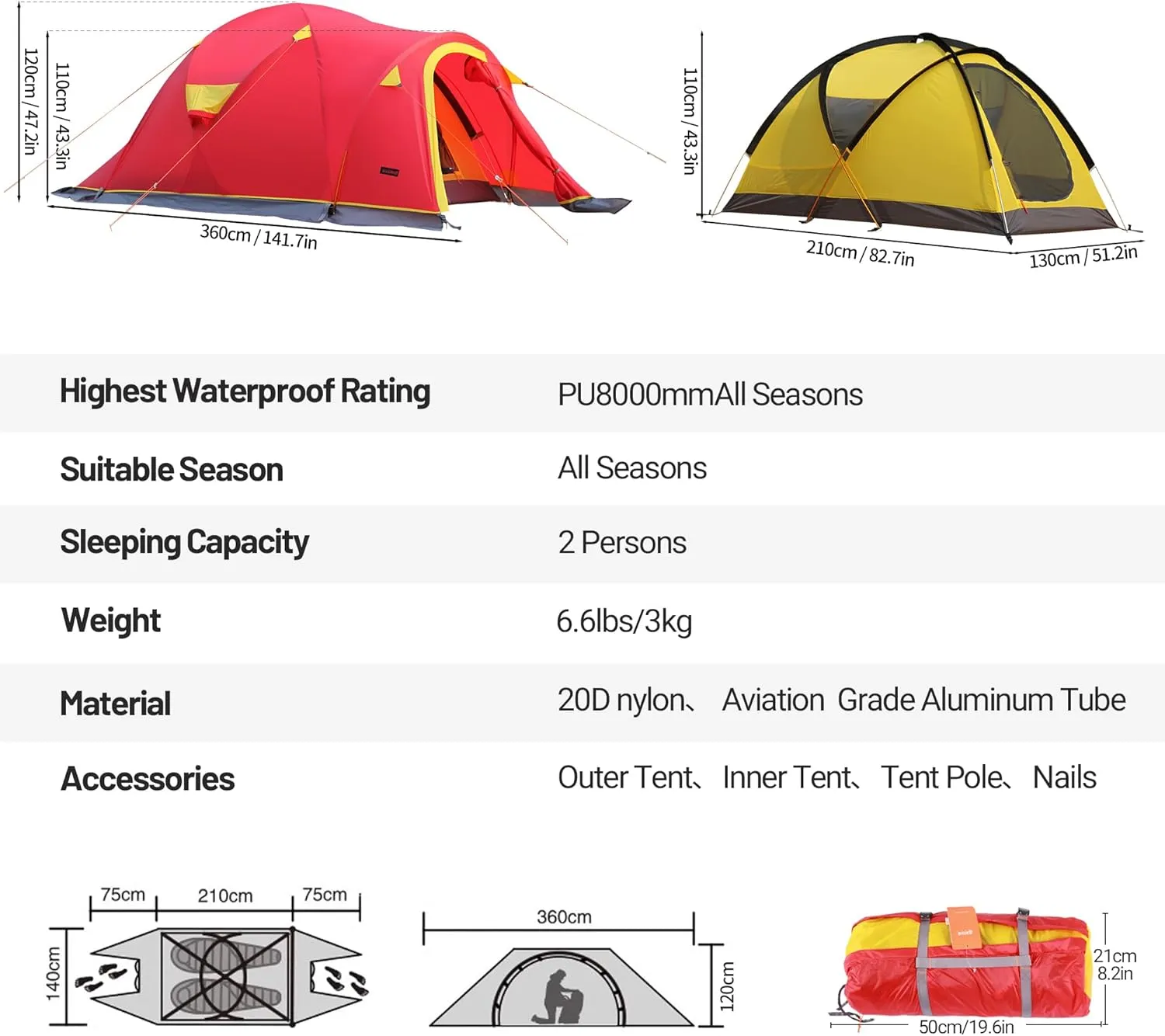 4 Season Alpine Snow Camping Tent – 40D Nylon Double Layer, 14-Pole Structure – PU3000mm Waterproof for Winter Mountaineering & Family Camping