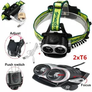 4000 Lumens Zoom USB Headlight XM-L T6 LED Headlamp 3 Modes 2T6 Head light Lantern For Hunting Use 2x18650 battery