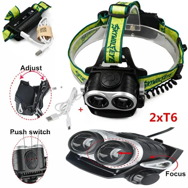 4000 Lumens Zoom USB Headlight XM-L T6 LED Headlamp 3 Modes 2T6 Head light Lantern For Hunting Use 2x18650 battery