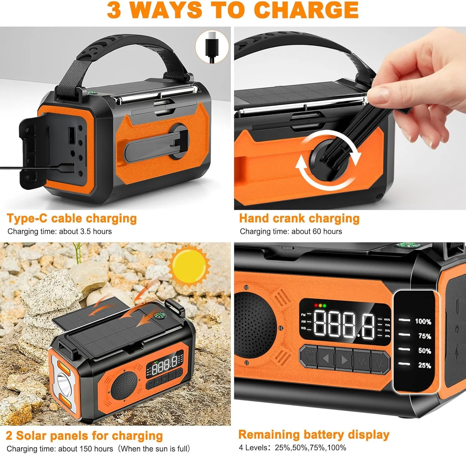 44400mWh/12000mAh Emergency Radio, Hand Crank Portable Solar Radio AM/FM/NOAA Weather Radio with 2 Solar Panels,3 Charging Methods,SOS Alarm,Flashlight,Phone Charger,Compass,Reading Lamp