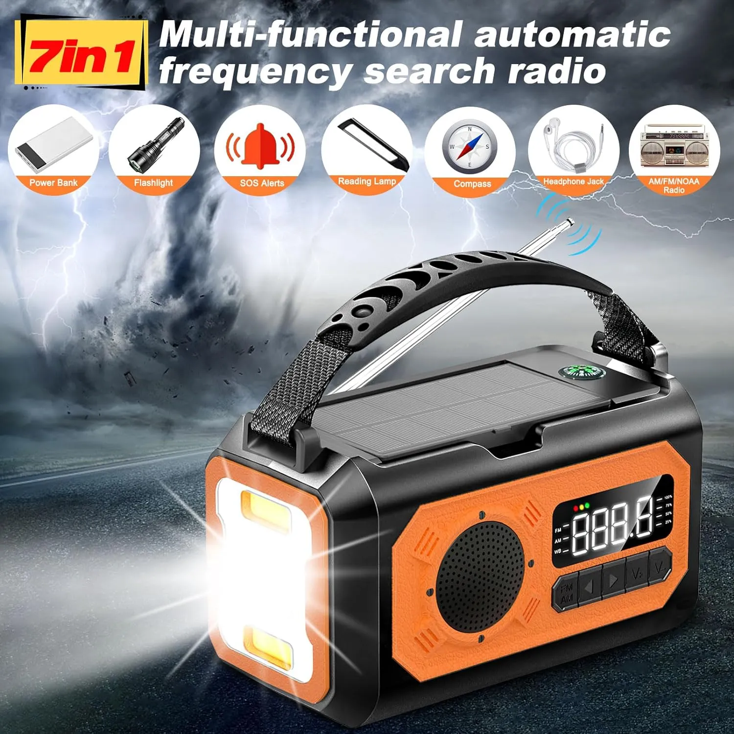 44400mWh/12000mAh Emergency Radio, Hand Crank Portable Solar Radio AM/FM/NOAA Weather Radio with 2 Solar Panels,3 Charging Methods,SOS Alarm,Flashlight,Phone Charger,Compass,Reading Lamp