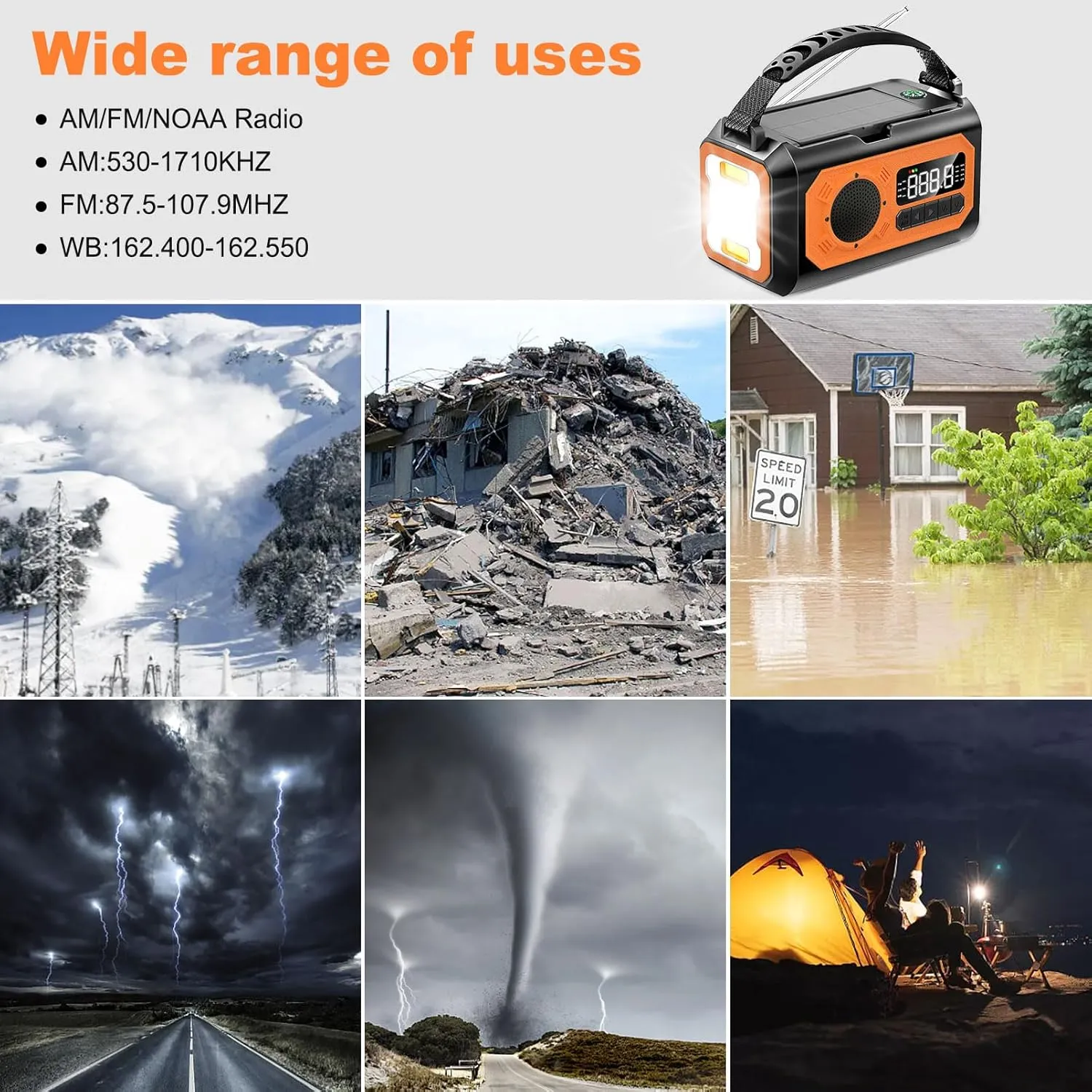 44400mWh/12000mAh Emergency Radio, Hand Crank Portable Solar Radio AM/FM/NOAA Weather Radio with 2 Solar Panels,3 Charging Methods,SOS Alarm,Flashlight,Phone Charger,Compass,Reading Lamp