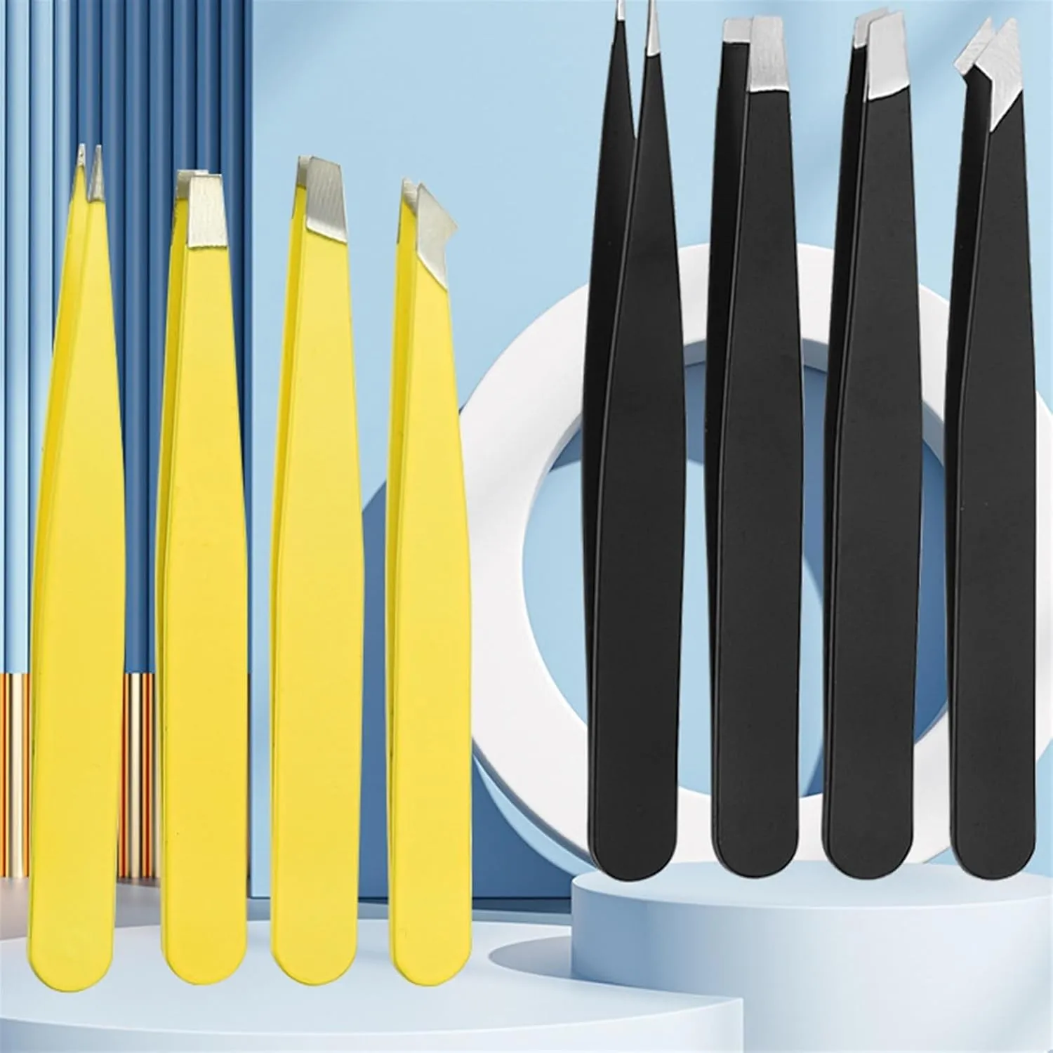 4Pcs Professional Eyebrow Tweezers Trimming Stainless Steel Slanted Eye Brow Clips Makeup Eyelash Extension Tools (Color : Yellow, Size : 1SIZE) (Blue 1SIZE)