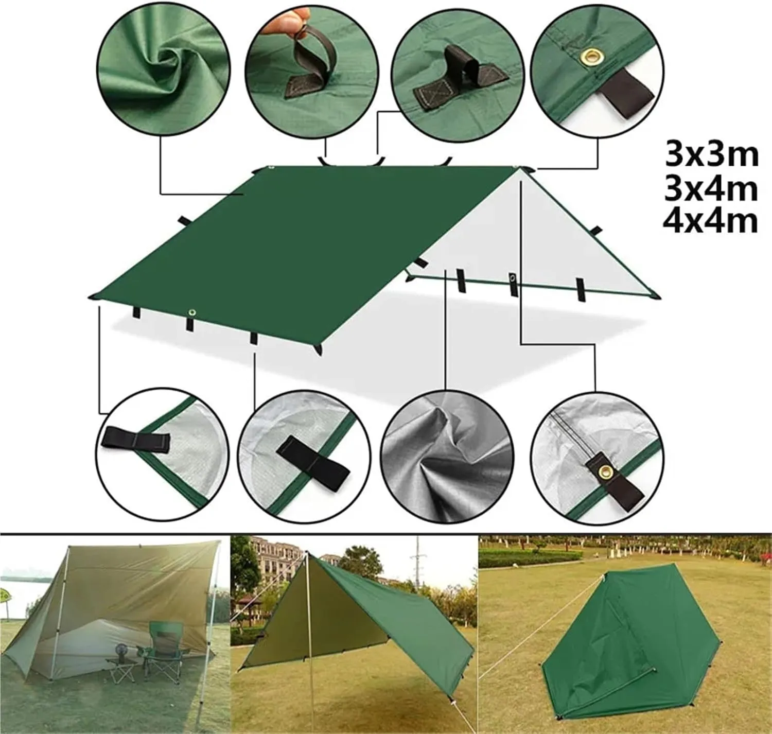 4x4m 4x3m 3x3m 19 Hang Points Tent Tarp Survival Sun Shelter Shade Canopy Outdoor Backpacking Waterproof Camping Awning Sunshade for Outdoors, Picnic(4x4m Khaki)