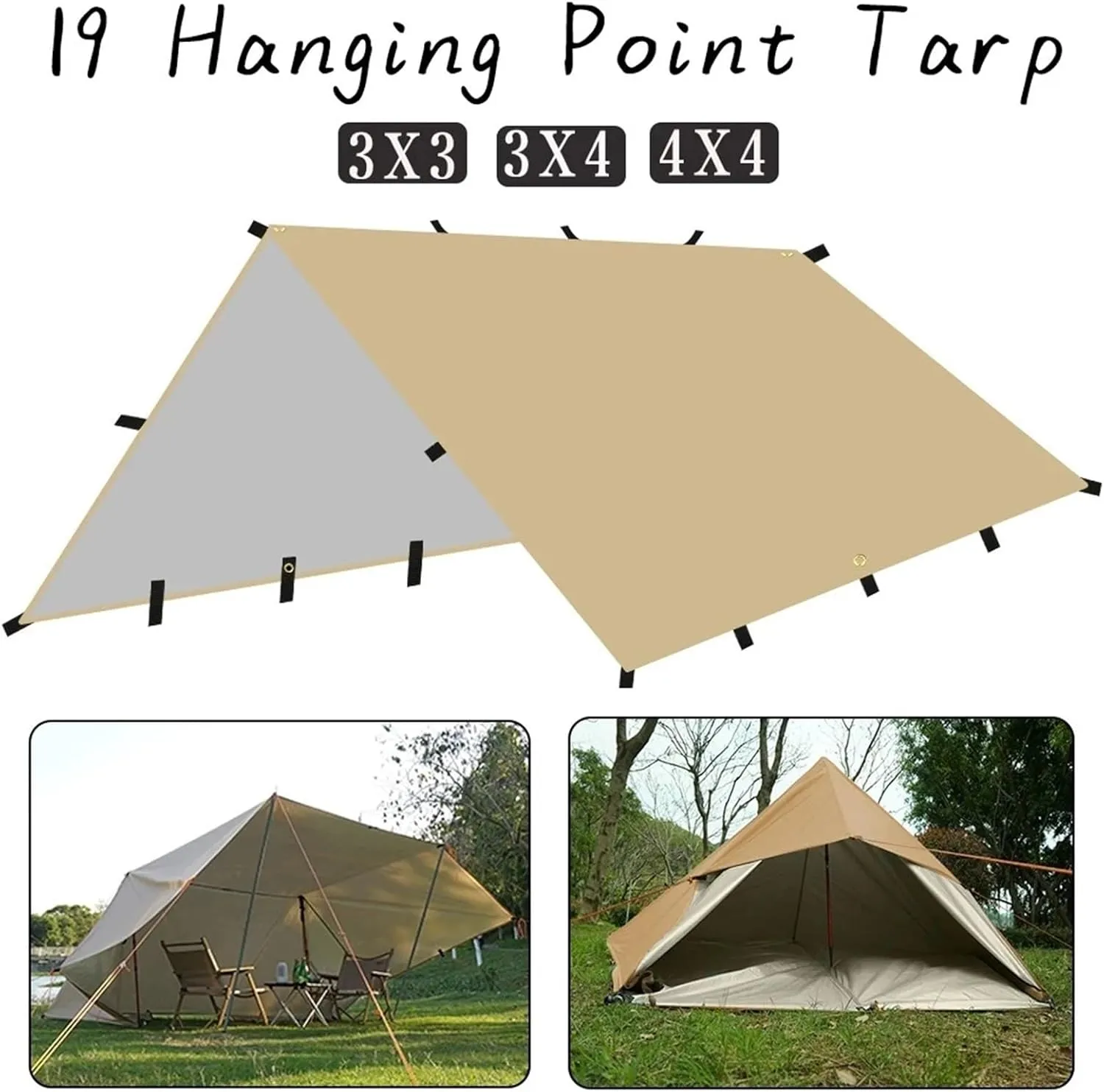 4x4m 4x3m 3x3m 19 Hang Points Tent Tarp Survival Sun Shelter Shade Canopy Outdoor Backpacking Waterproof Camping Awning Sunshade for Outdoors, Picnic(4x4m Khaki)