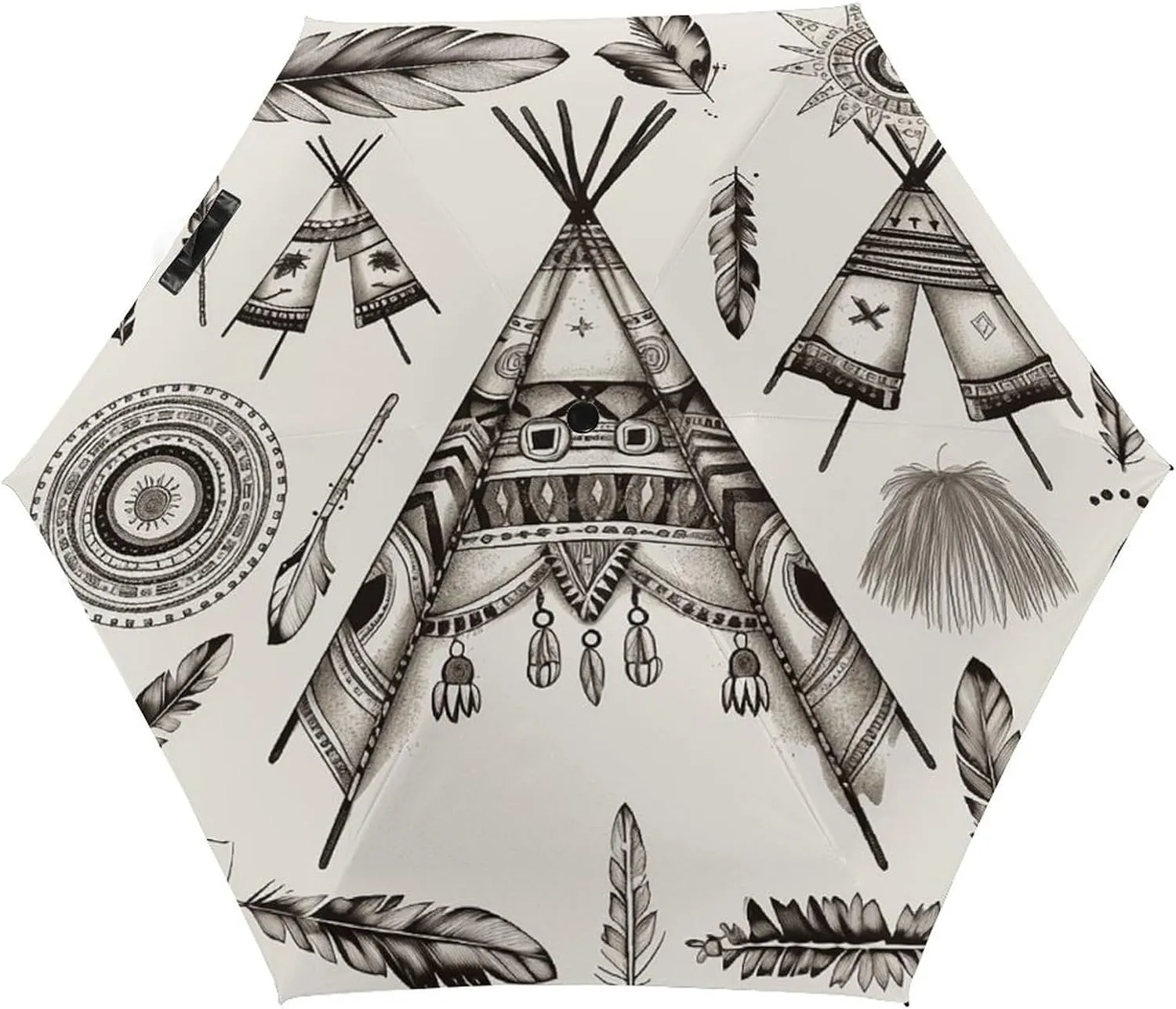 5 Fold Manual Umbrella,Feather Head Band Teepee Tent Print Folding Umbrella,Manual Retractable Umbrella,Portable Compact Travel Umbrella