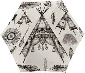 5 Fold Manual Umbrella,Feather Head Band Teepee Tent Print Folding Umbrella,Manual Retractable Umbrella,Portable Compact Travel Umbrella