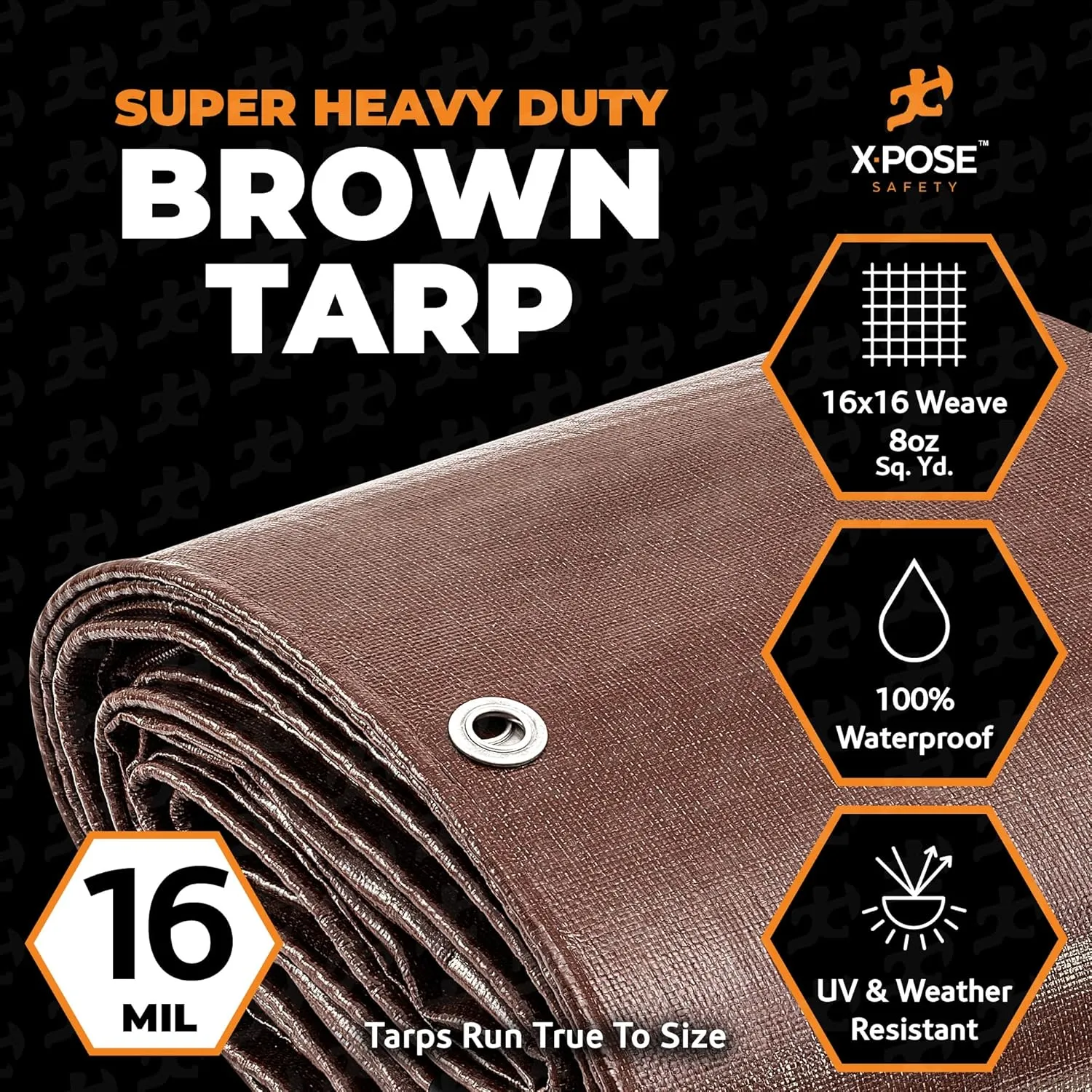 6' x 8' Super Heavy Duty 16 Mil Brown Poly Tarp Cover - Thick Waterproof, UV Resistant, Rip and Tear Proof Tarpaulin with Grommets and Reinforced Edges - by Xpose Safety
