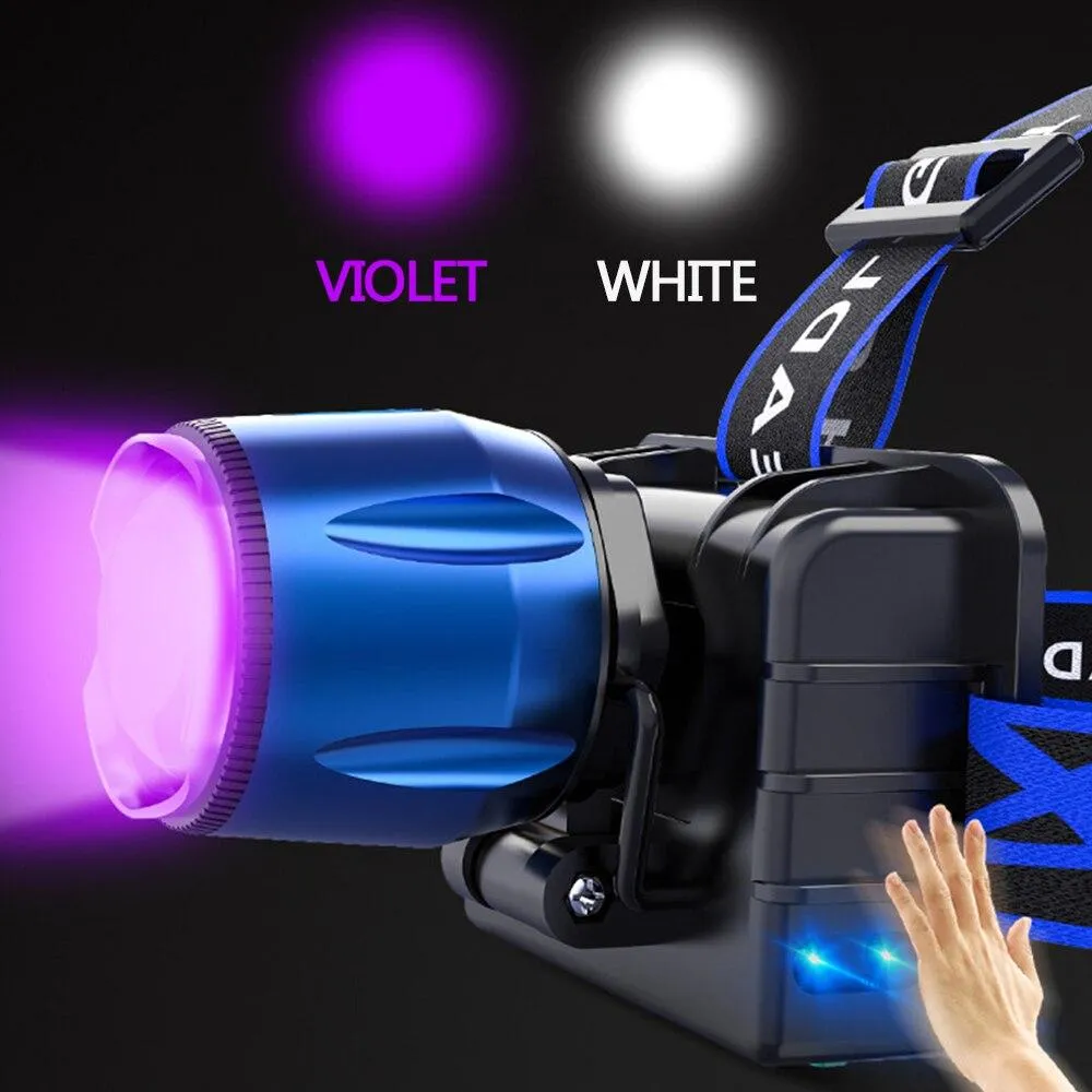 60000lumens T6 2 in 1 UV/White Light LED Headlight Waterproof with 2PCS 18650 Rechargeable Battery