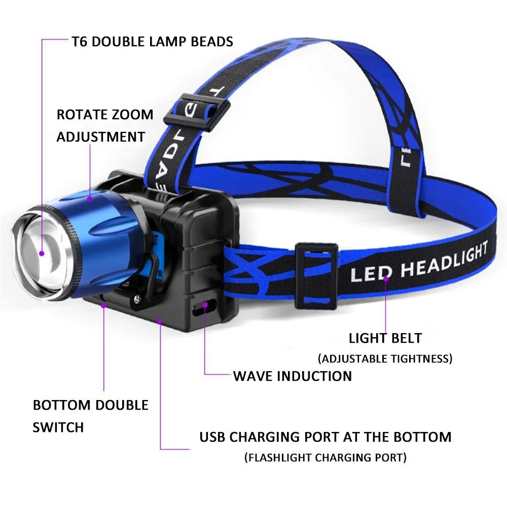 60000lumens T6 2 in 1 UV/White Light LED Headlight Waterproof with 2PCS 18650 Rechargeable Battery