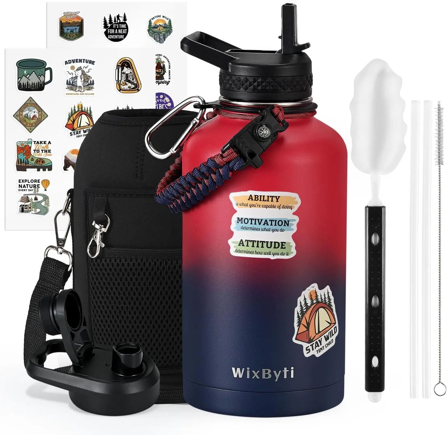 64 oz Insulated Water Bottle with Straw (Cold for 48 Hrs), Half Gallon Stainless Steel Triple Wall Vacuum Sports Water Jug, Leakproof Hydro Cup Flask with Straw Spout Lids & DIY Stickers