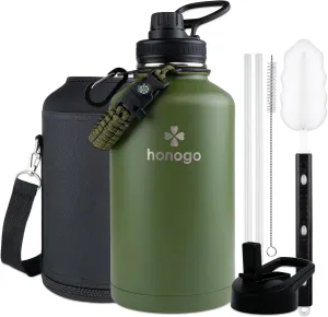 64 oz Insulated Water Bottle with Straw lid & Spout lid, Stainless Steel Half Gallon Water Flask Jug with Paracord Handle & Carrier bag, Big Vacuum Thermo Canteen, Cold for 48 Hrs