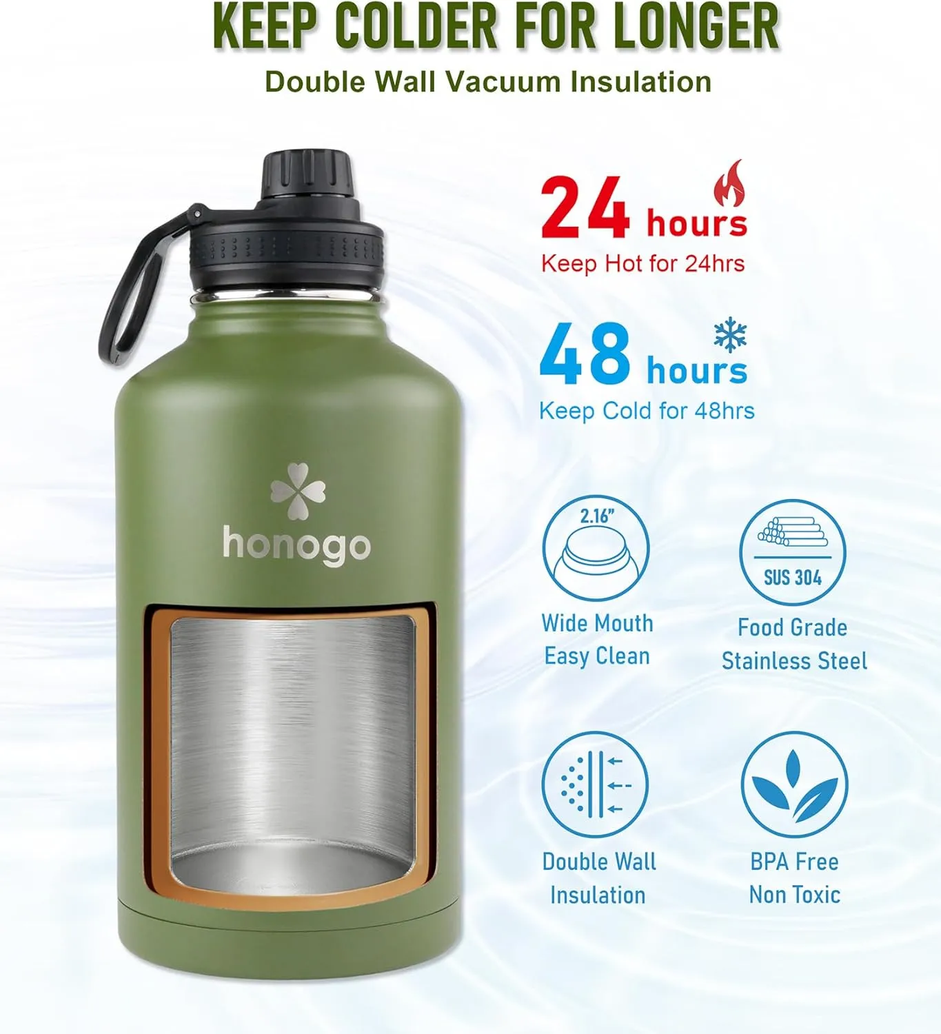 64 oz Insulated Water Bottle with Straw lid & Spout lid, Stainless Steel Half Gallon Water Flask Jug with Paracord Handle & Carrier bag, Big Vacuum Thermo Canteen, Cold for 48 Hrs
