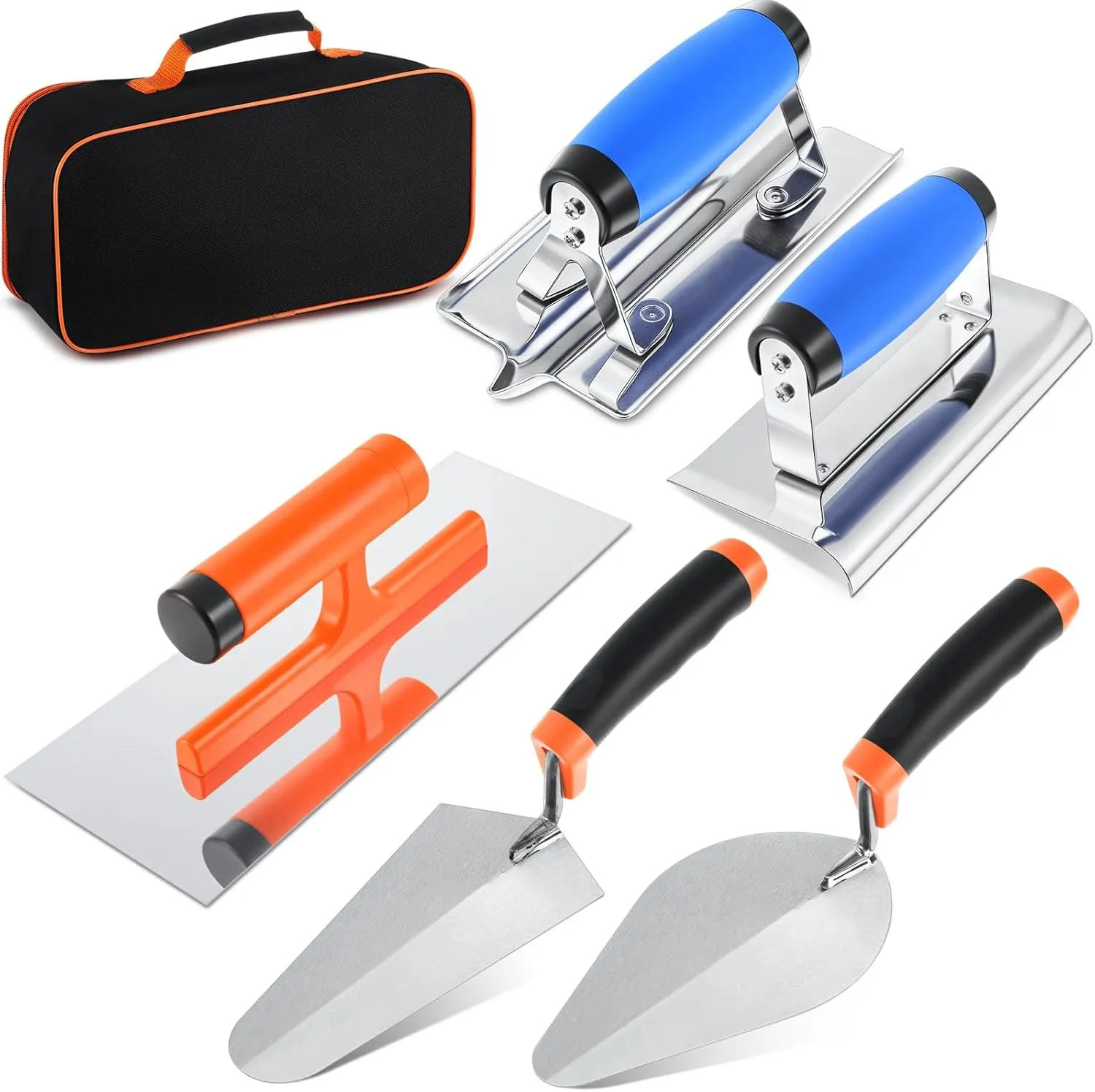 6pcs Concrete Hand Tools Set Masonry Tools Includes Stainless Steel Concrete Hand Edger, Groover, Finishing, Pointing, Gauging and Tool Bag for Cement Beginner Kit