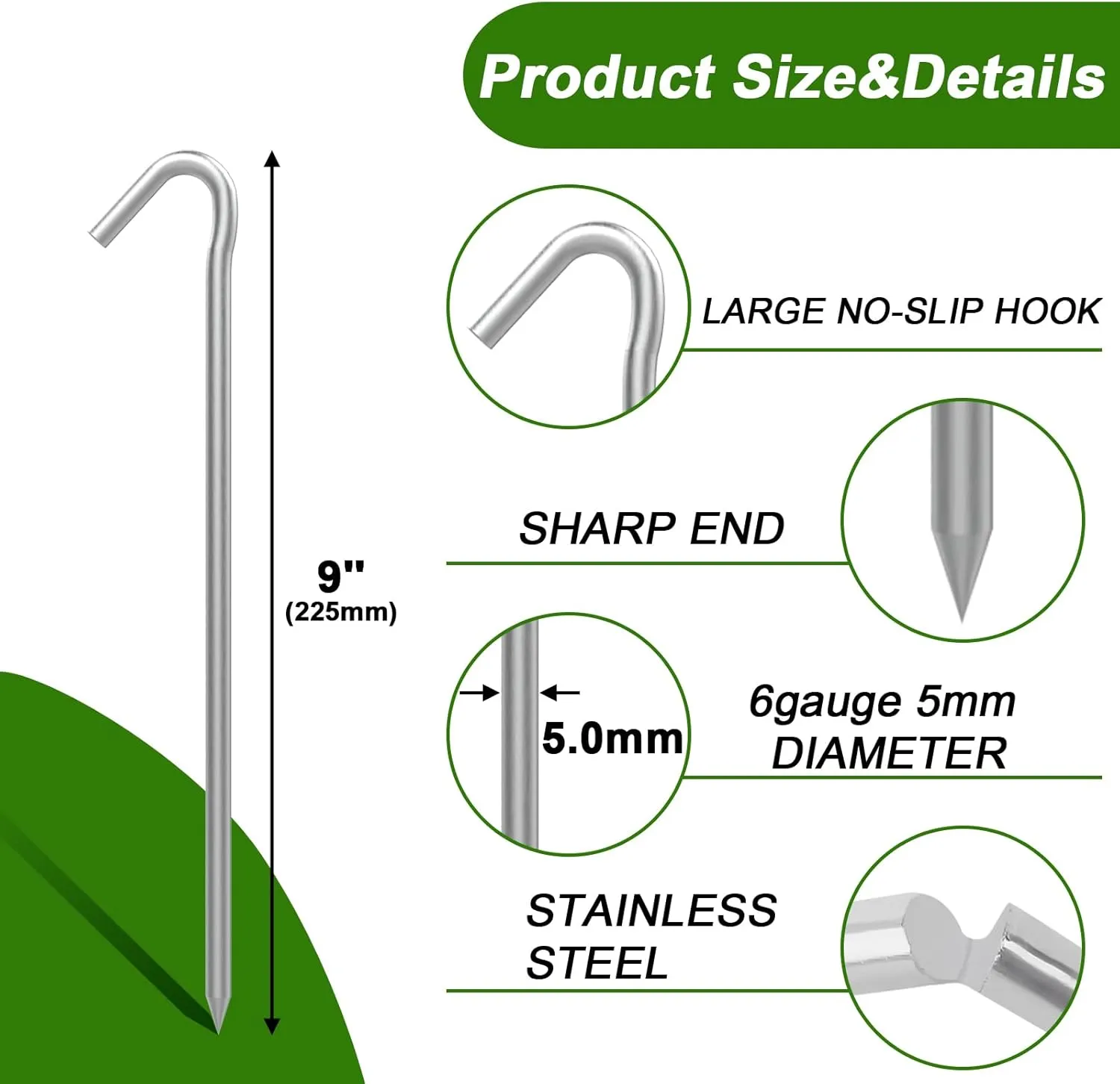 AAGUT Tent Stakes, Tent Stake Metal Garden Edging Fence Hooks Yard Camping Stake Heavy Duty Galvanized 9 Inch (9 Inch Tent Stakes ONLY, 50)