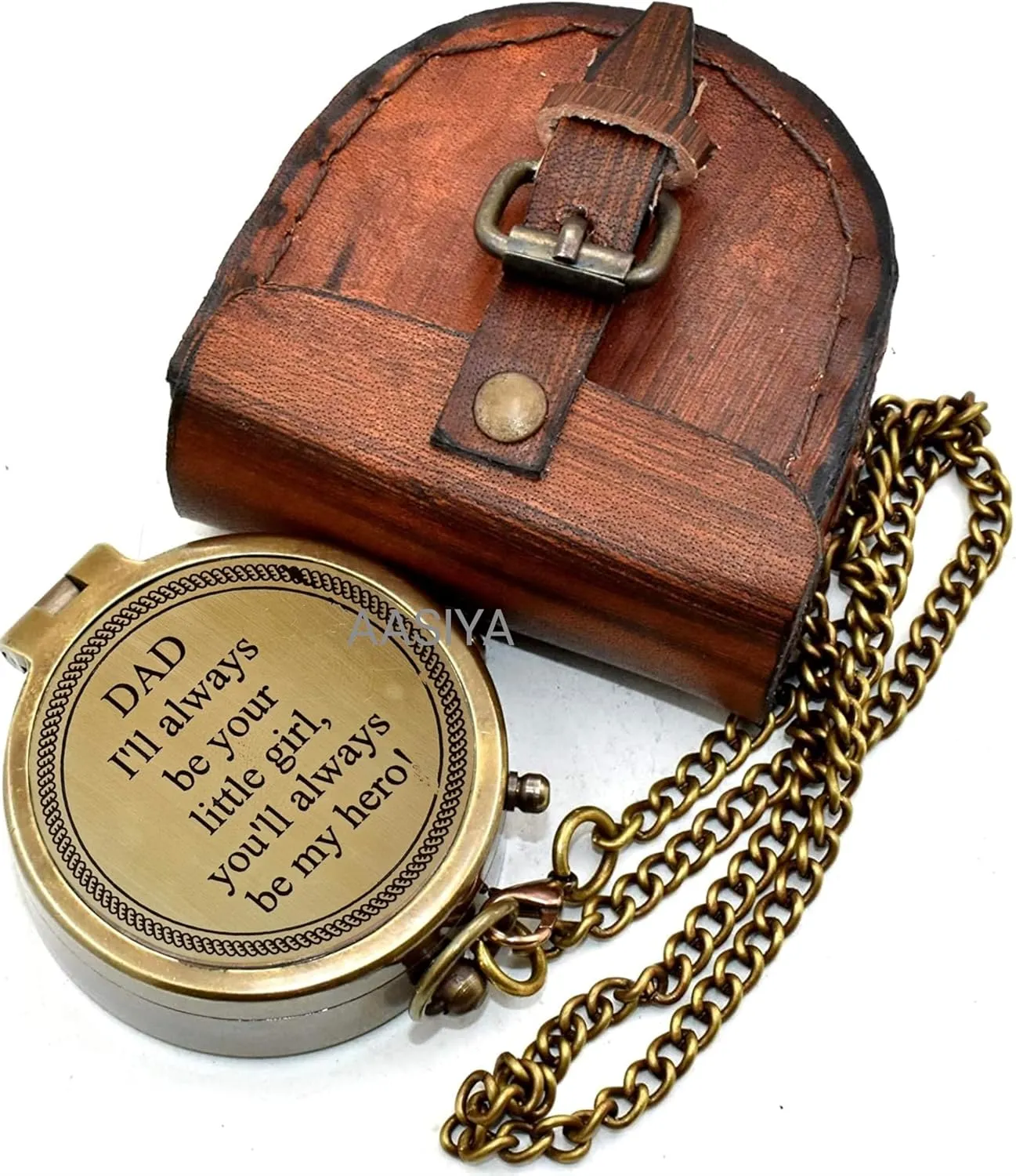 AASIYA Brass Pocket Chain Compass With Leather Case for Hiking DAD I'll Always Be Your Little Girl Youll Always Be My HeroEngraved Camping Nautical Compass Vintage Navigation Outdoor Hand Held Compass