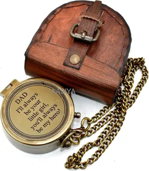 AASIYA Brass Pocket Chain Compass With Leather Case for Hiking DAD I'll Always Be Your Little Girl Youll Always Be My HeroEngraved Camping Nautical Compass Vintage Navigation Outdoor Hand Held Compass