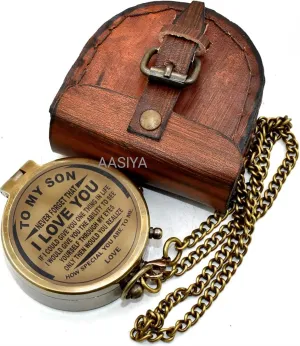 AASIYA Brass Pocket Chain Compass with Leather Case for Hiking to My Son Quote Engraved Unique Working Nautical Compass Vintage Navigation Outdoor Hand Held Compass