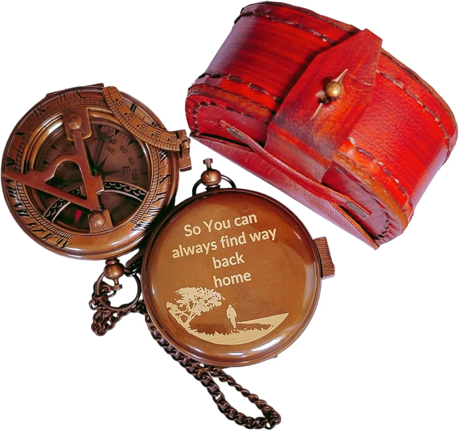 AASIYA Brass Pocket Chain Sundial Compass with Leather Case for Hiking So You Can Always Find Your Way Back Home Engraved Camping Nautical Compass Vintage Navigation Outdoor Hand Held Compass