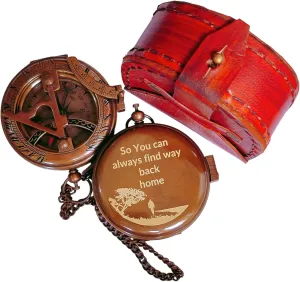 AASIYA Brass Pocket Chain Sundial Compass with Leather Case for Hiking So You Can Always Find Your Way Back Home Engraved Camping Nautical Compass Vintage Navigation Outdoor Hand Held Compass
