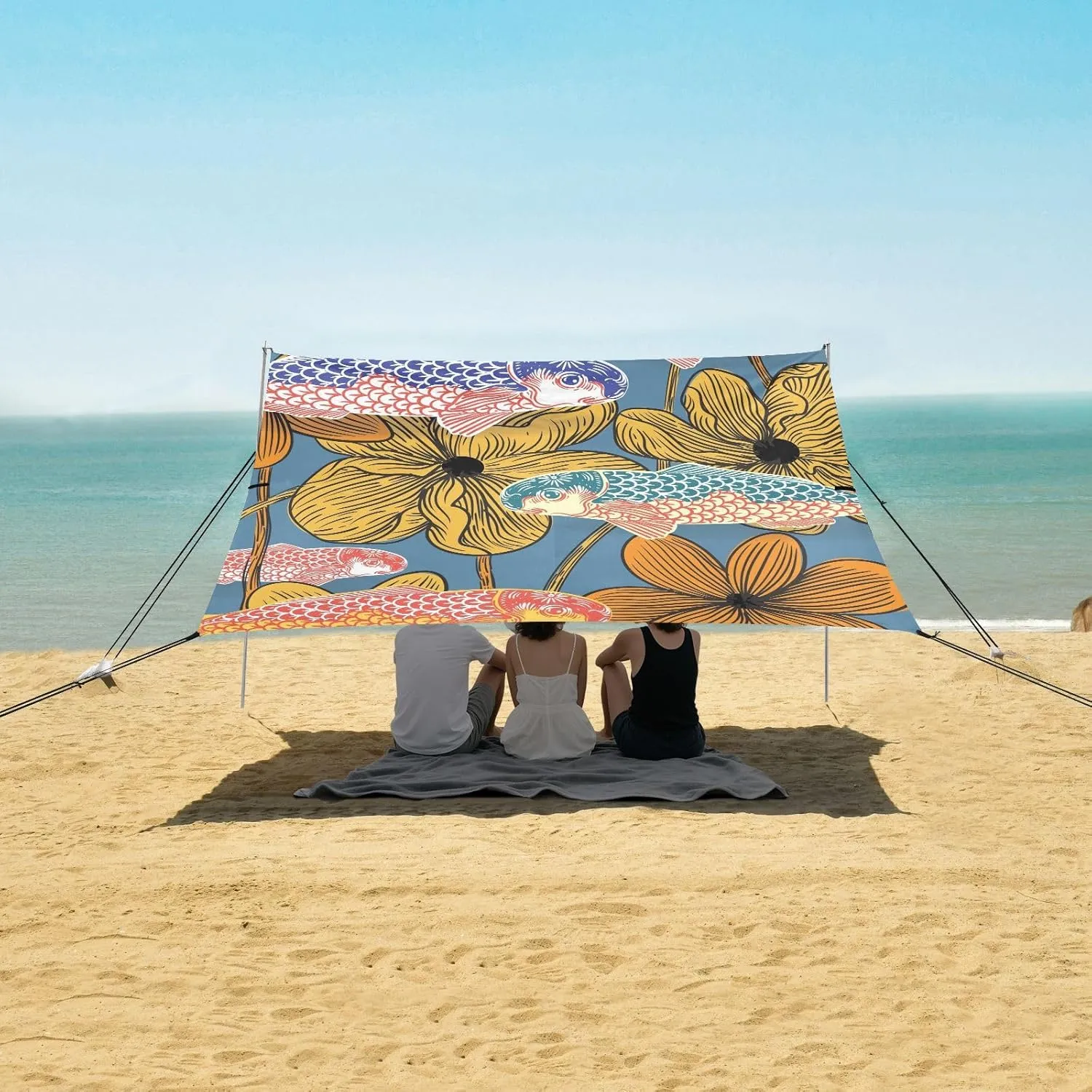 Abstract Hand Drawn Fishes Beach Canopy Tent Anti-UV & Wind Resistant, Camping Sun Shelter Easy Setup Portable,Outdoor Shade Tents with Sandbags,Sand Shovels,Ground Pegs & Stability Poles
