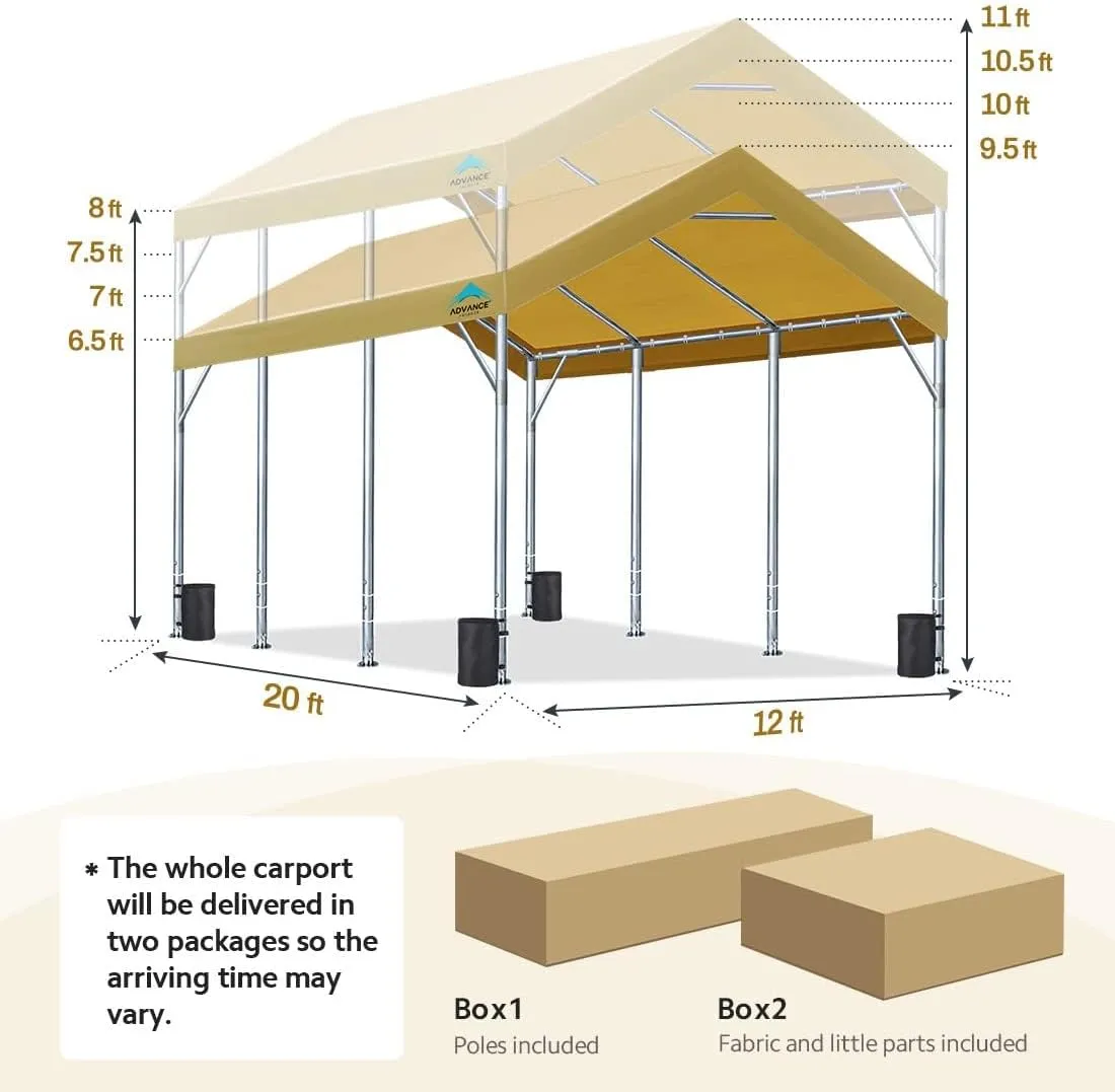 ADVANCE OUTDOOR 12x20 ft Heavy Duty Carport Potable Car Canopy Garage Party Tent Boat Shelter, Adjustable Height from 9.5 ft to 11 ft, Beige