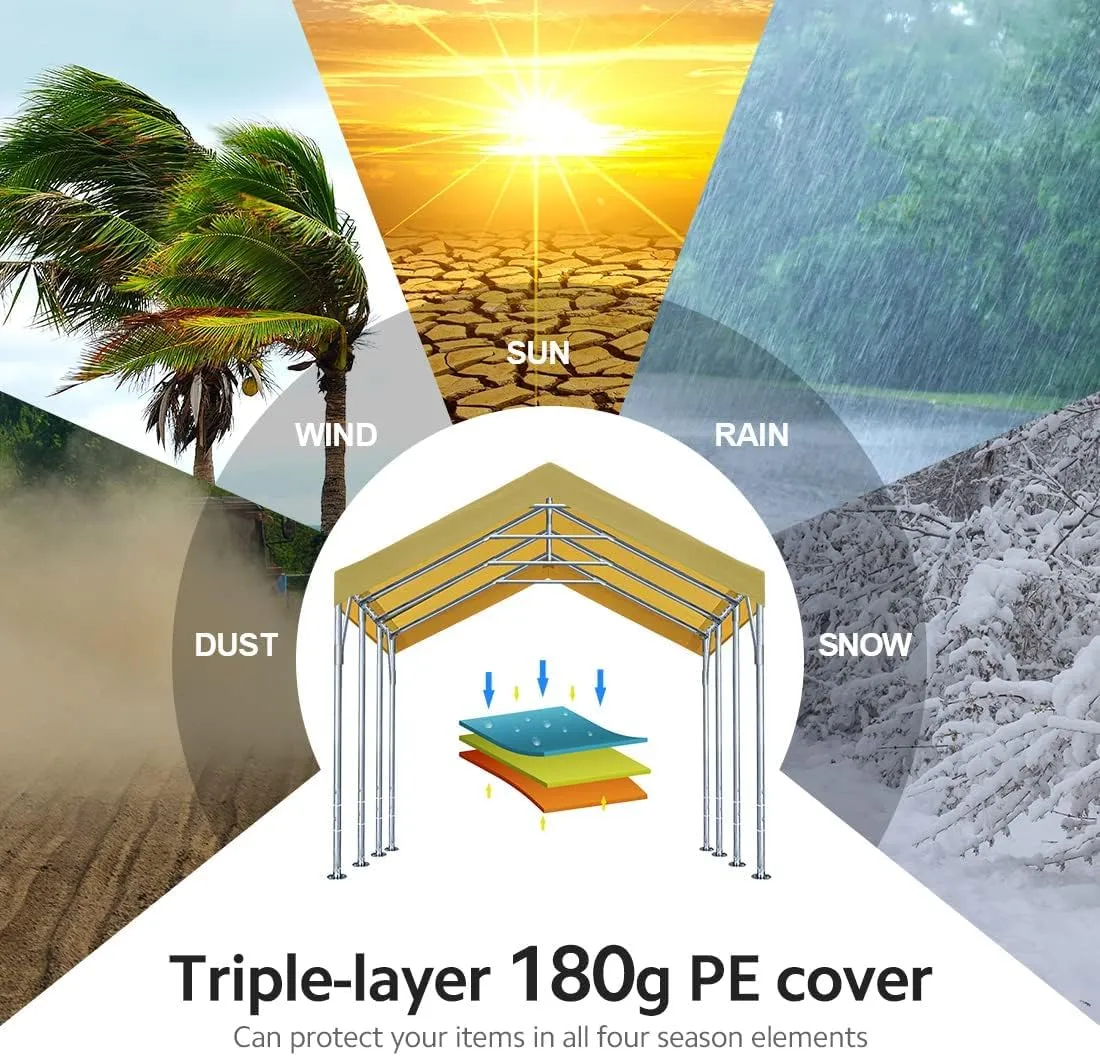 ADVANCE OUTDOOR 12x20 ft Heavy Duty Carport Potable Car Canopy Garage Party Tent Boat Shelter, Adjustable Height from 9.5 ft to 11 ft, Beige