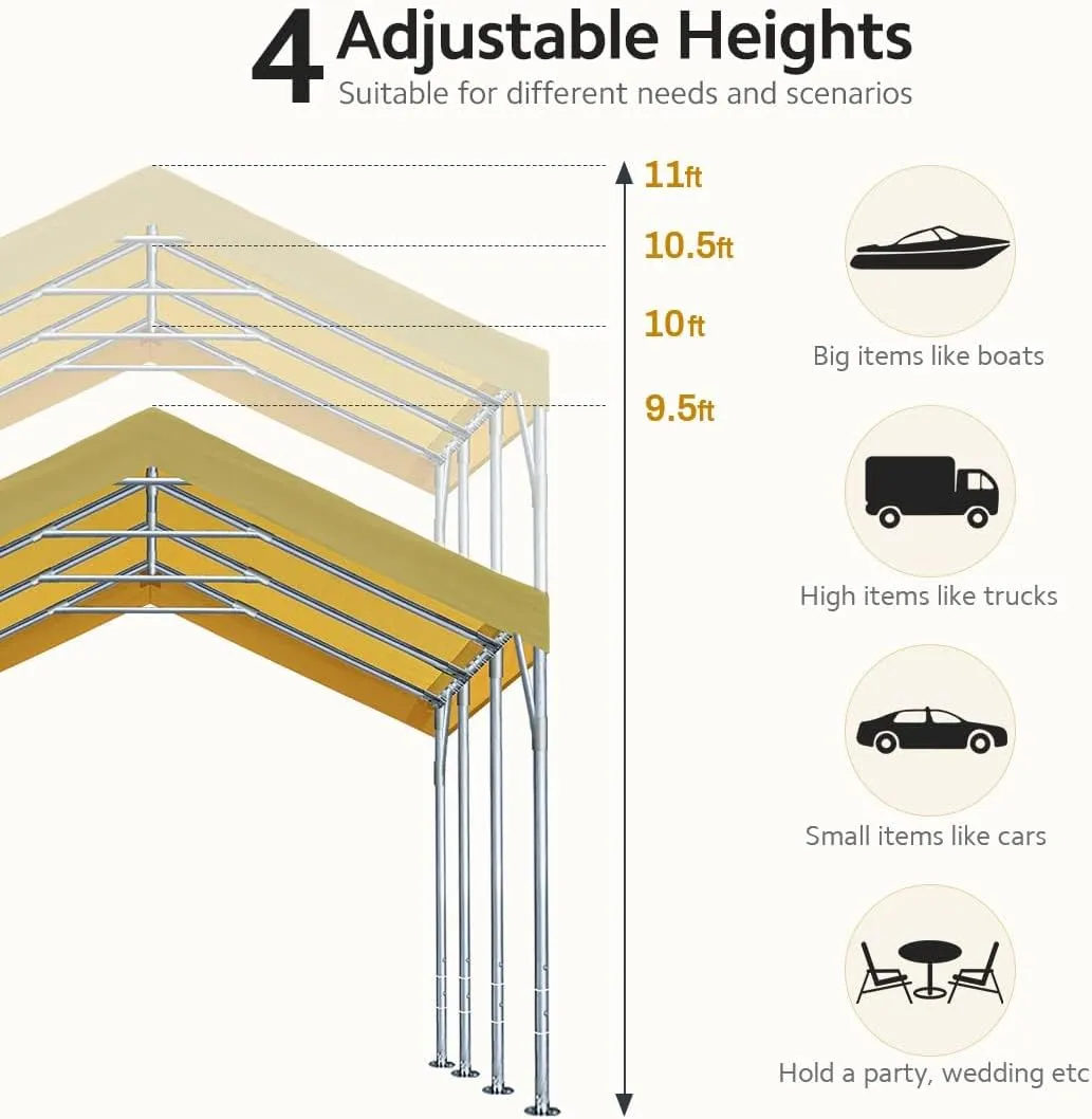 ADVANCE OUTDOOR 12x20 ft Heavy Duty Carport Potable Car Canopy Garage Party Tent Boat Shelter, Adjustable Height from 9.5 ft to 11 ft, Beige
