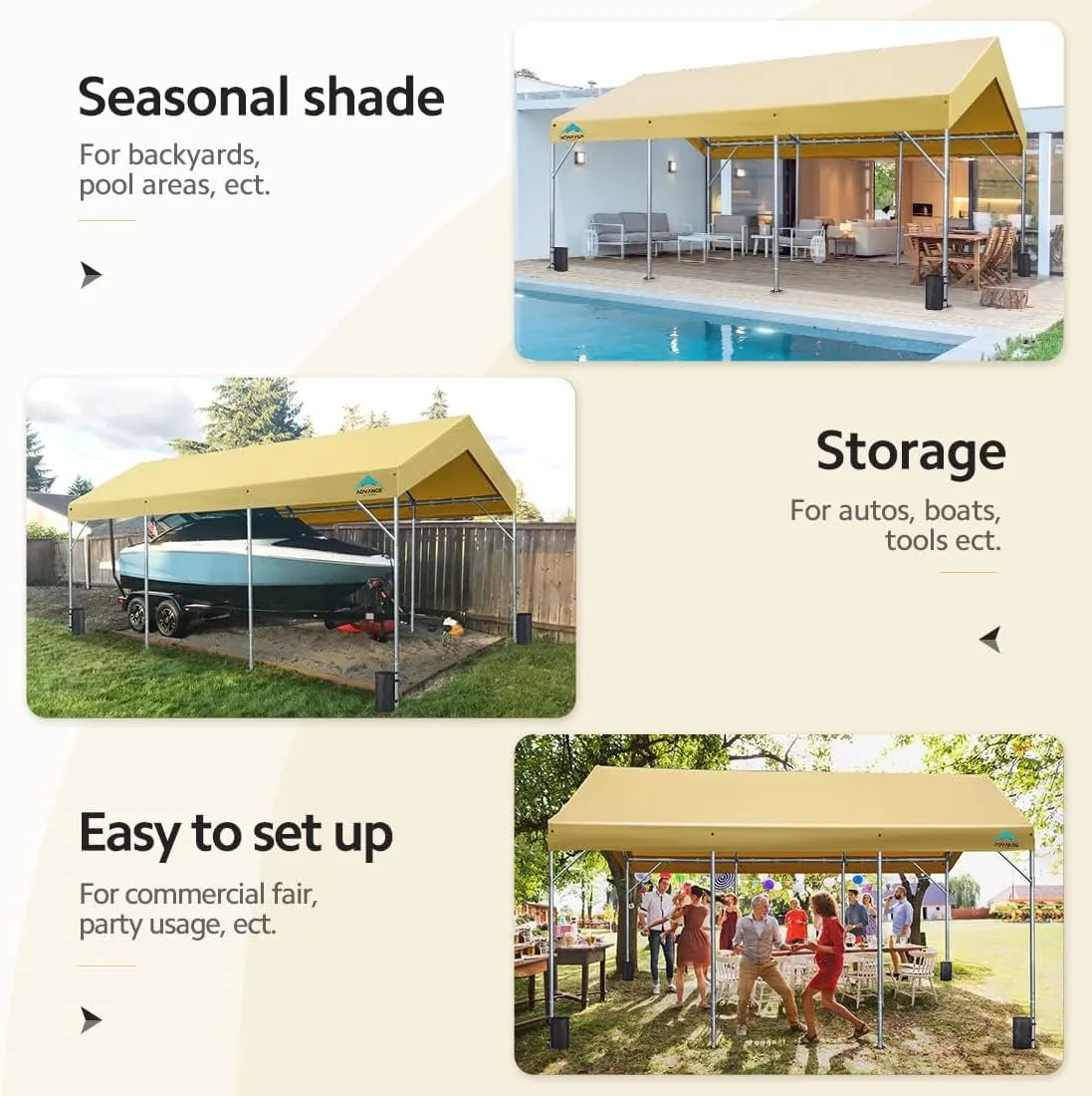 ADVANCE OUTDOOR 12x20 ft Heavy Duty Carport Potable Car Canopy Garage Party Tent Boat Shelter, Adjustable Height from 9.5 ft to 11 ft, Beige