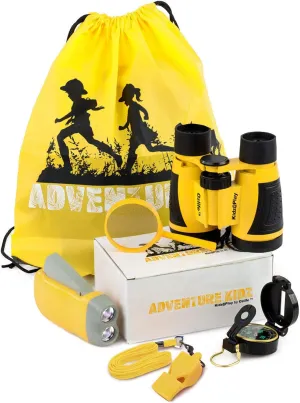 Adventure Kidz - Outdoor Exploration Kit, Children’s Toy Binoculars with Case, Flashlight, Compass, Whistle, Magnifying Glass, Backpack. Great Gift Set for Camping, Hiking, STEM, Pretend Play.