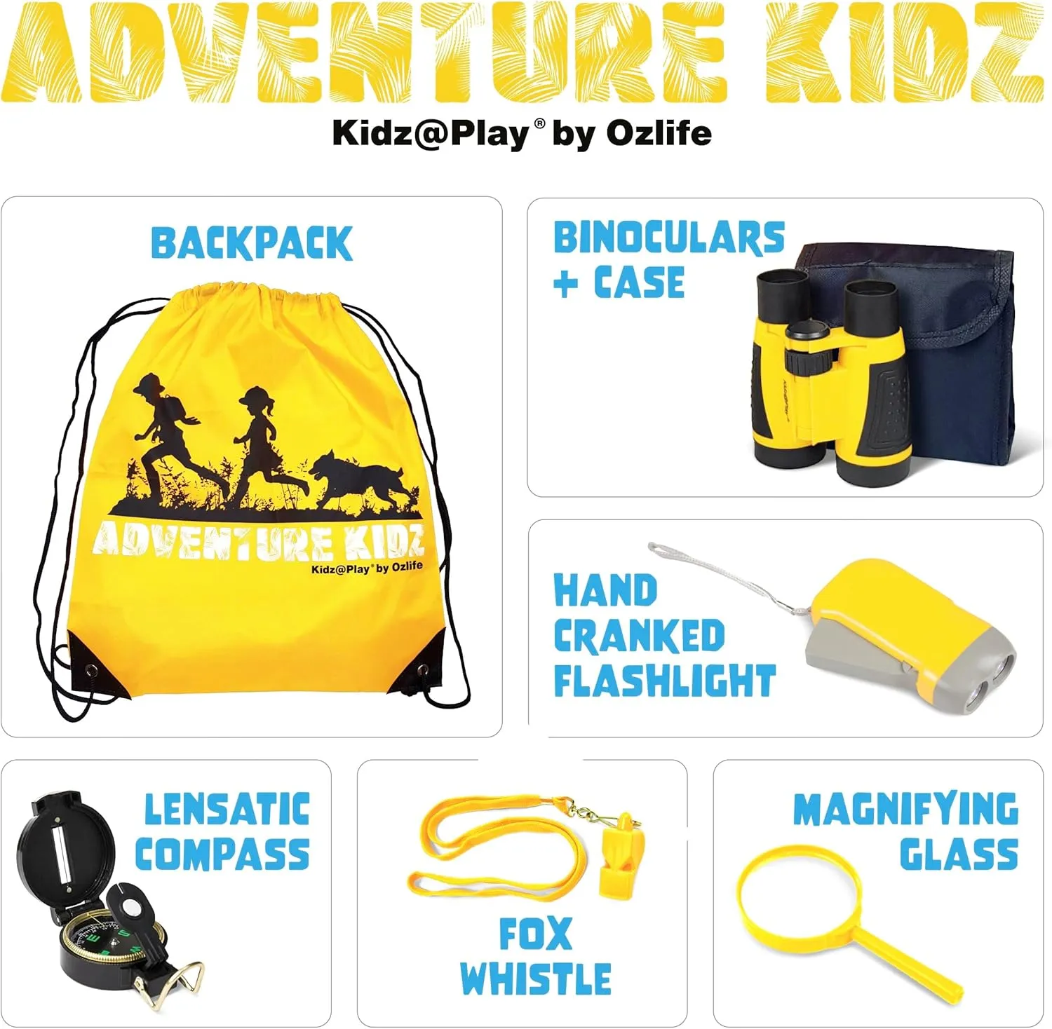 Adventure Kidz - Outdoor Exploration Kit, Children’s Toy Binoculars with Case, Flashlight, Compass, Whistle, Magnifying Glass, Backpack. Great Gift Set for Camping, Hiking, STEM, Pretend Play.