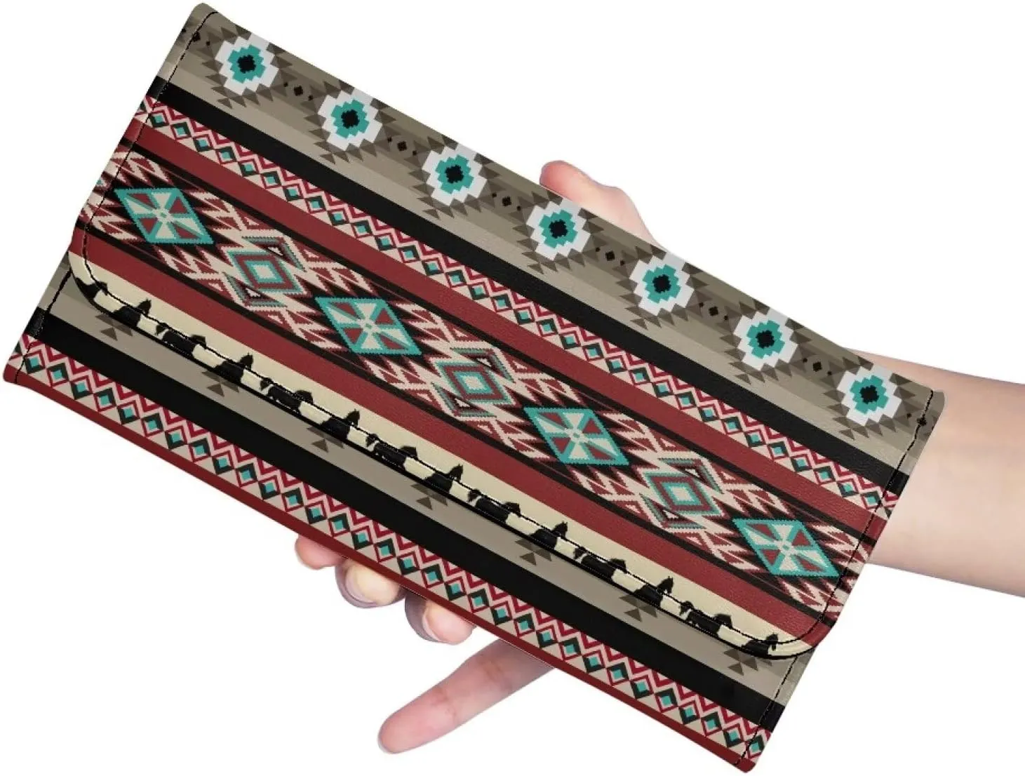 AFPANQZ Aztec Stripes Womens Leather Wallets Large Capacity Card Holder Phone Holder Zip Pocket, Buckle Closure, Ladies Purse Zip Coin Pocket