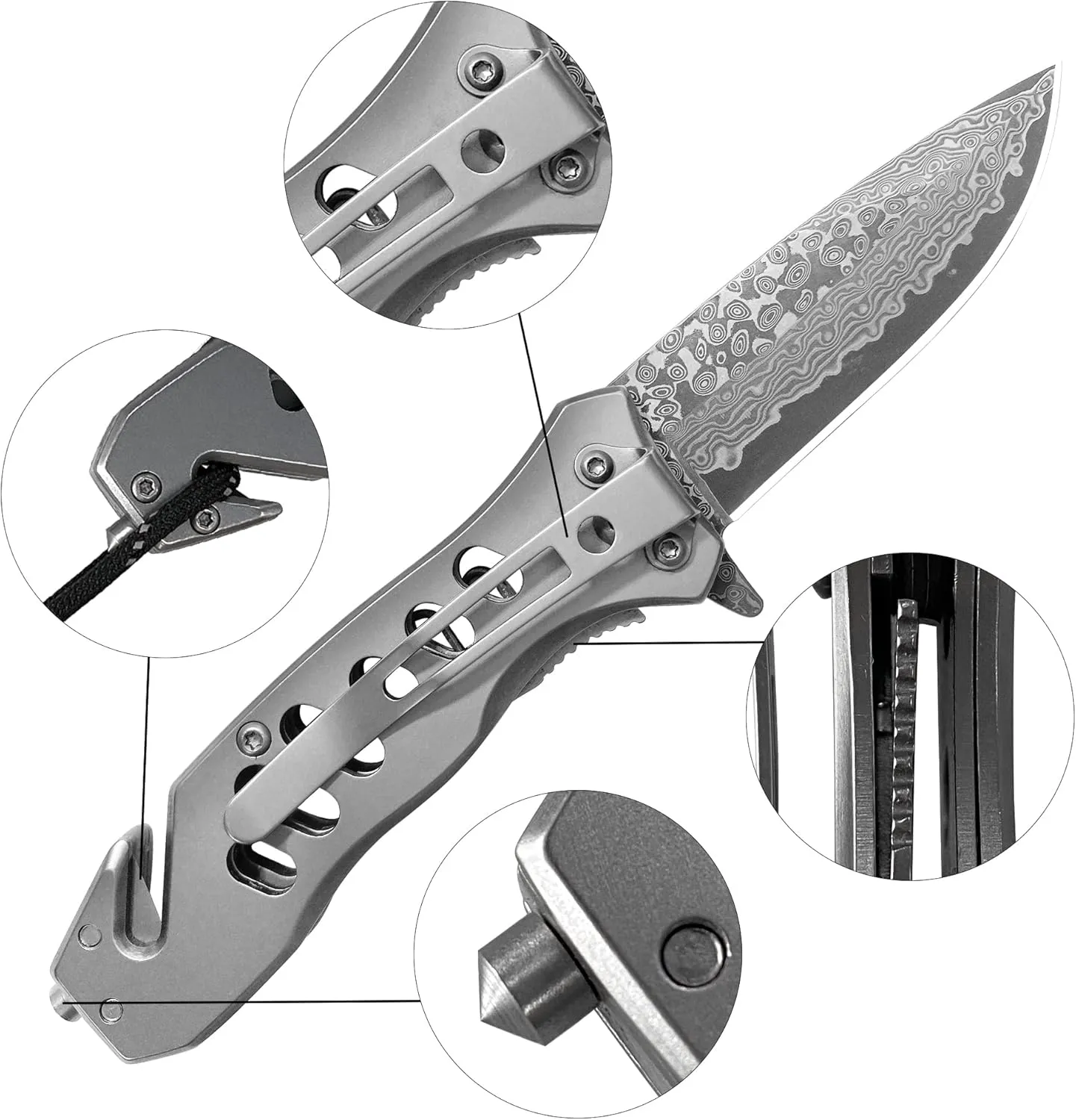 ALBATROSS EDC Cool Tactical Folding Pocket Knife with Modern Damascus Steel Blade, SpeedSafe Spring Assisted Opening Knifes with Liner Lock,Pocketclip,Glass Breaker,Rope Cutter, Gifts Box(Grey)