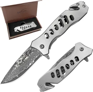 ALBATROSS EDC Cool Tactical Folding Pocket Knife with Modern Damascus Steel Blade, SpeedSafe Spring Assisted Opening Knifes with Liner Lock,Pocketclip,Glass Breaker,Rope Cutter, Gifts Box(Grey)