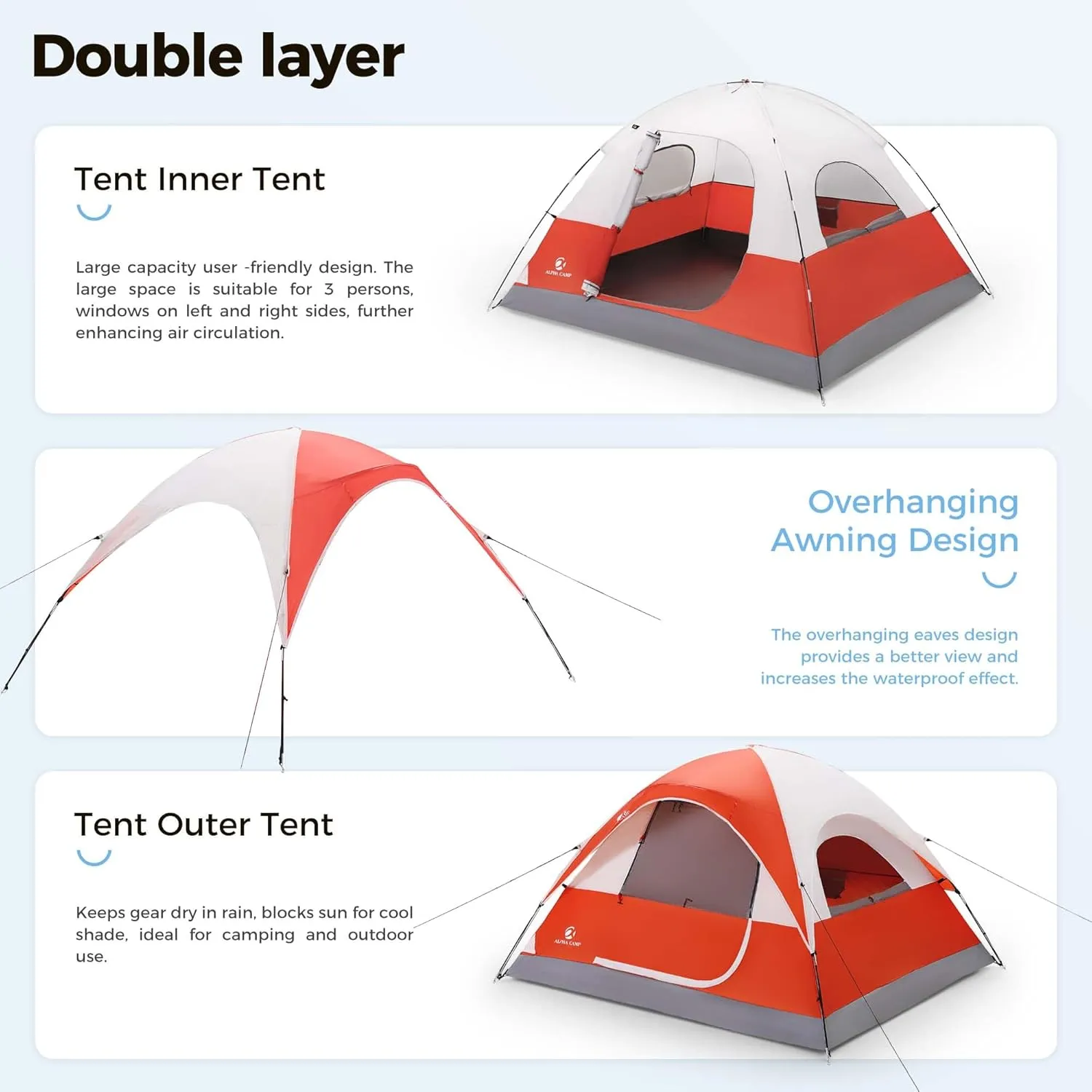 ALPHA CAMP 2/3/4 Person Camping Dome Tent with Rainfly, Lightweight Weatherproof Portable Backpacking Instant Tent, Easy Setup Tent for Outdoor Camping, Hiking, Mountaineering, Travel, Beach