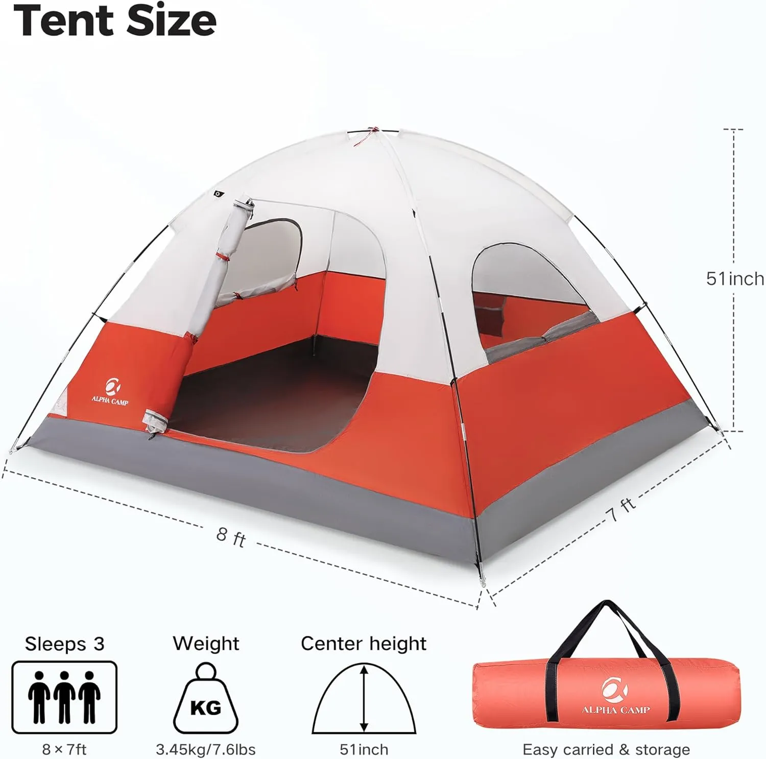 ALPHA CAMP 2/3/4 Person Camping Dome Tent with Rainfly, Lightweight Weatherproof Portable Backpacking Instant Tent, Easy Setup Tent for Outdoor Camping, Hiking, Mountaineering, Travel, Beach