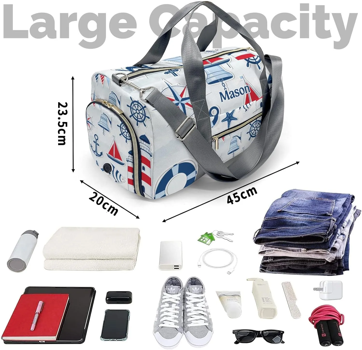 Anchor Compass Ocean Personalized Duffel Bag,Custom Travel Gym Bag with Name,Waterproof Sports Overnight Bag with Shoe Compartment & Shoulder Strap