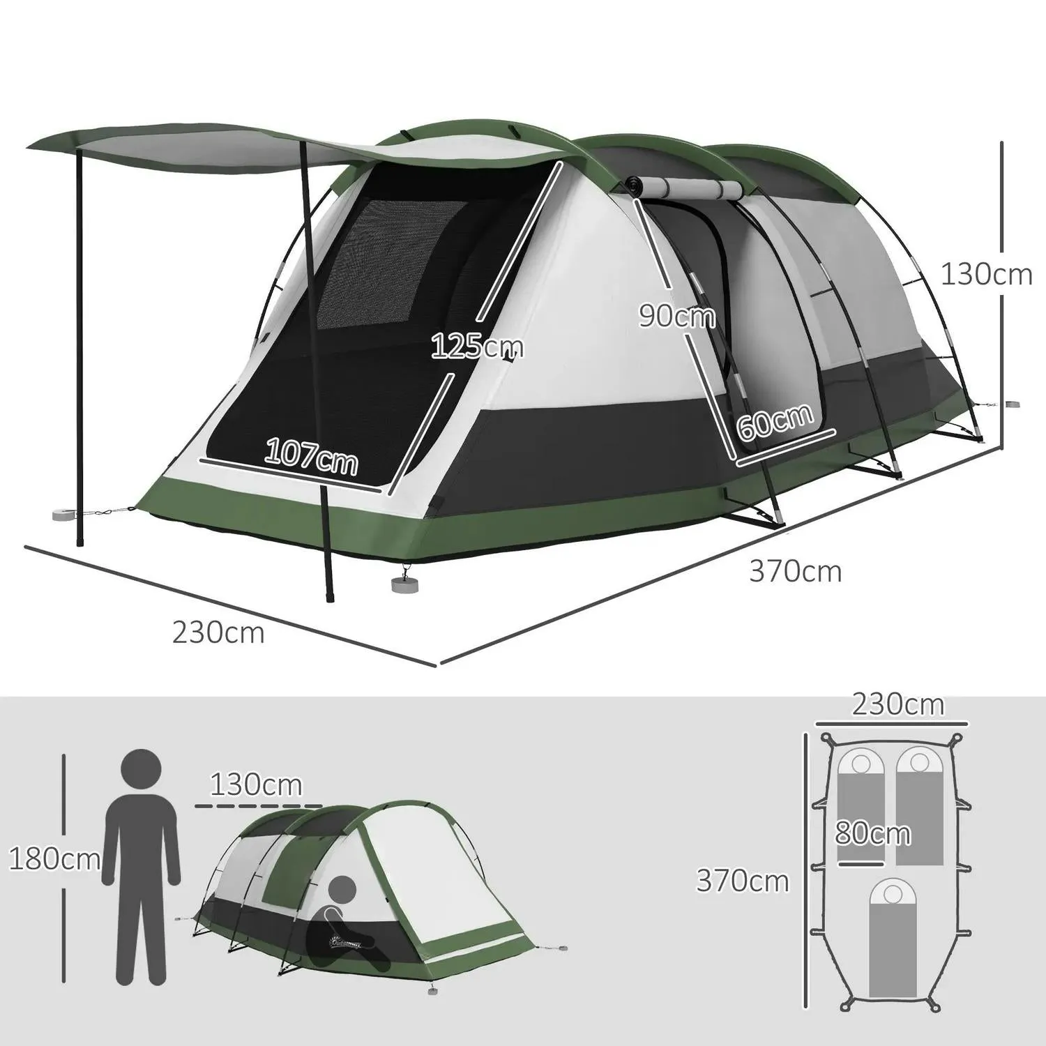 And Green Outsunny With - Three-Man Multi-purpose Tent, Two Fully automated Camping Porch Rooms
